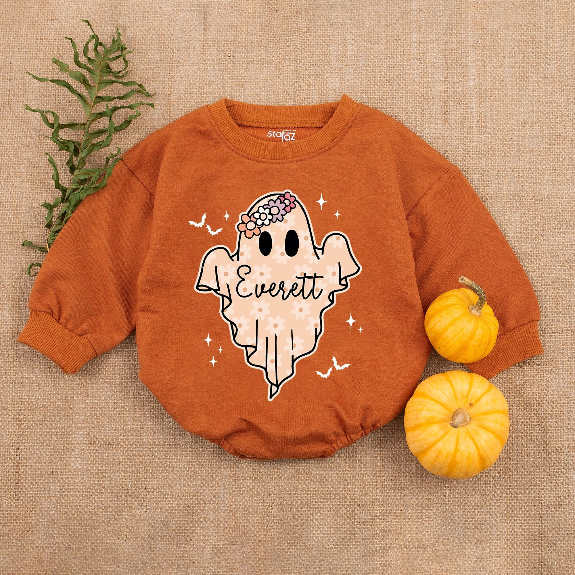 Custom My First Halloween Baby Girl Bodysuit with Floral Headband Ghost Design Soft Pastel Colors Personalized Everett Romper Outfit