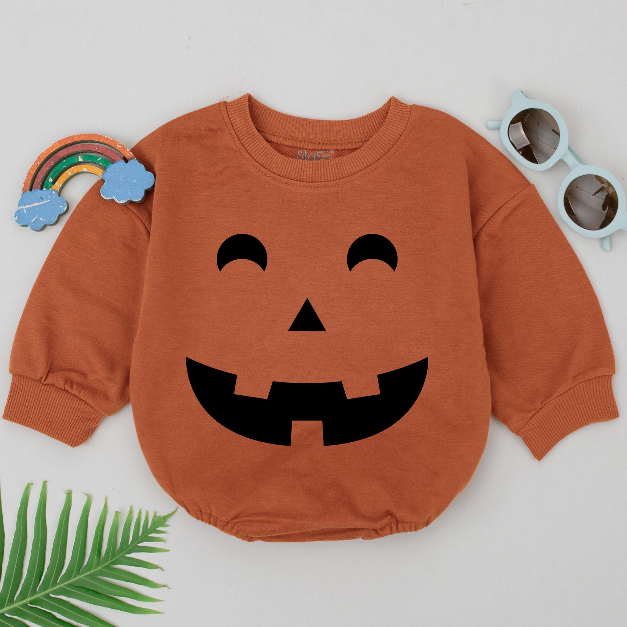 Smile Face Pumpkin Baby Romper Halloween Outfit Newborn Girl Gift Soft Cotton Spooky Season Orange Black Jack-o'-lantern Design