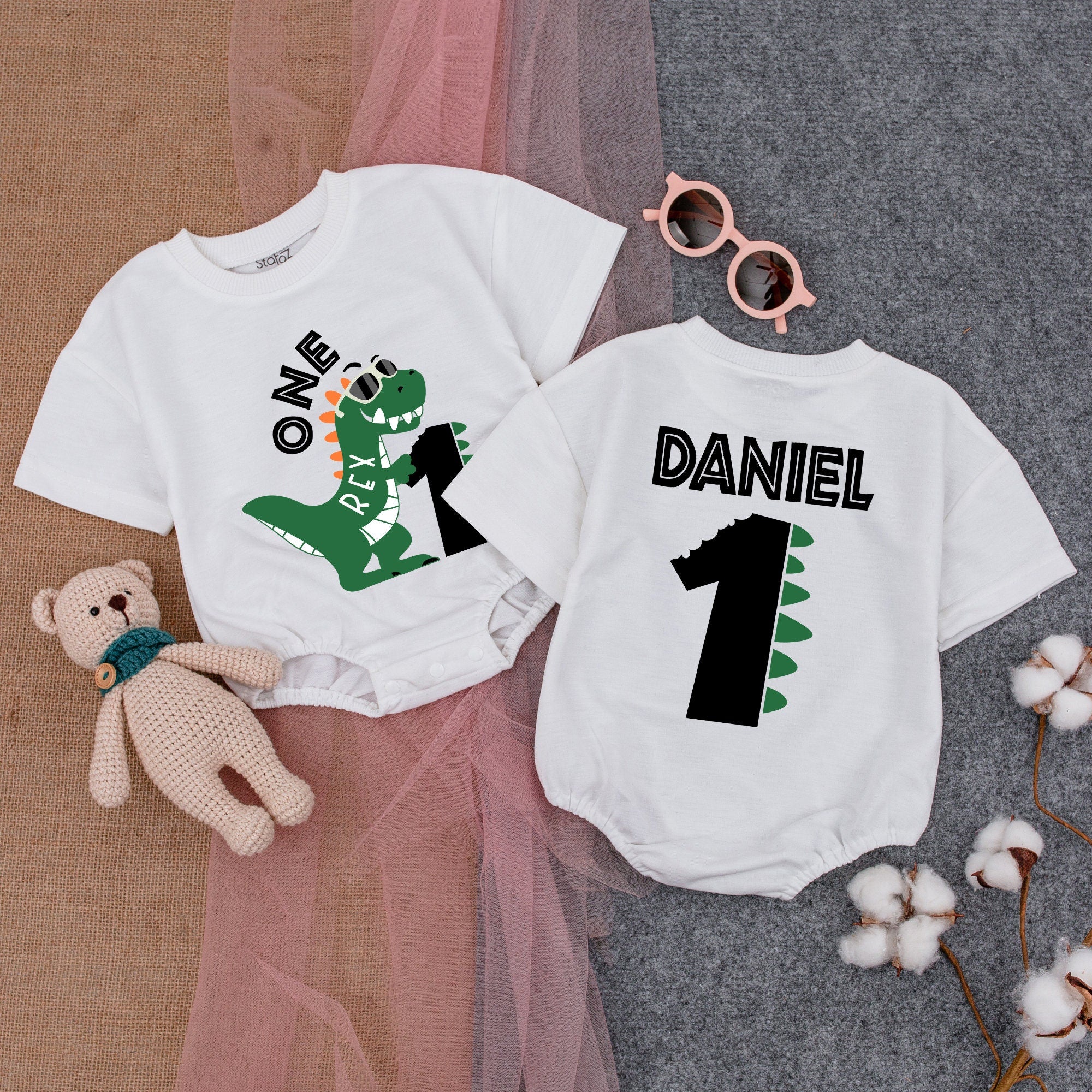 Personalized Dinosaur First Birthday Romper Fun One Rex Design for Boys Custom Name Daniel Playful Green Orange Spikes Outfit
