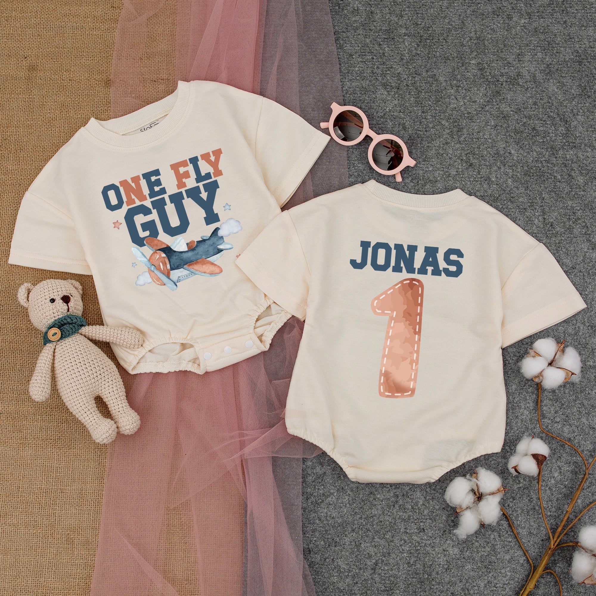 One Fly Guy First Birthday Romper with Airplane Design for Baby Boy Celebration Personalized Name Soft Cotton Party Outfit