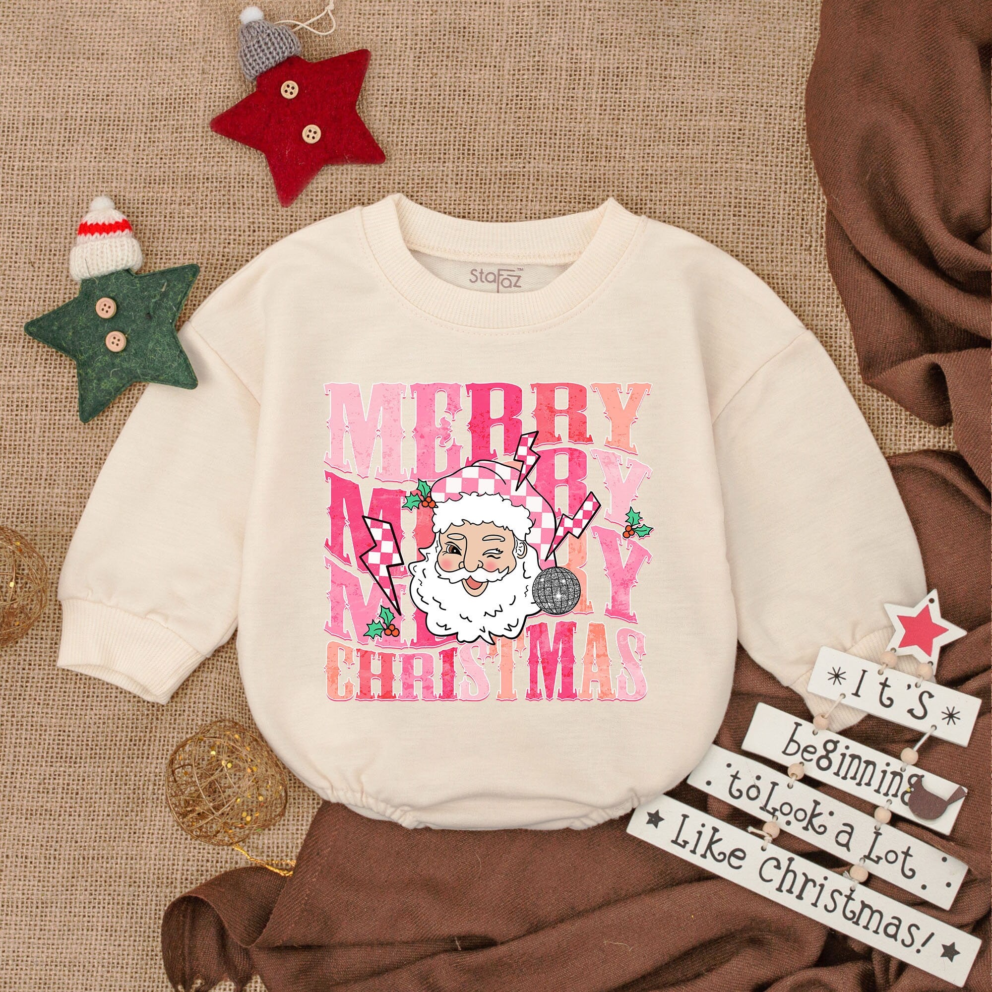 Merry Santa Baby Romper My First Christmas Outfit Long Sleeve Vintage Holiday Bodysuit Infant Gift Festive Red Design