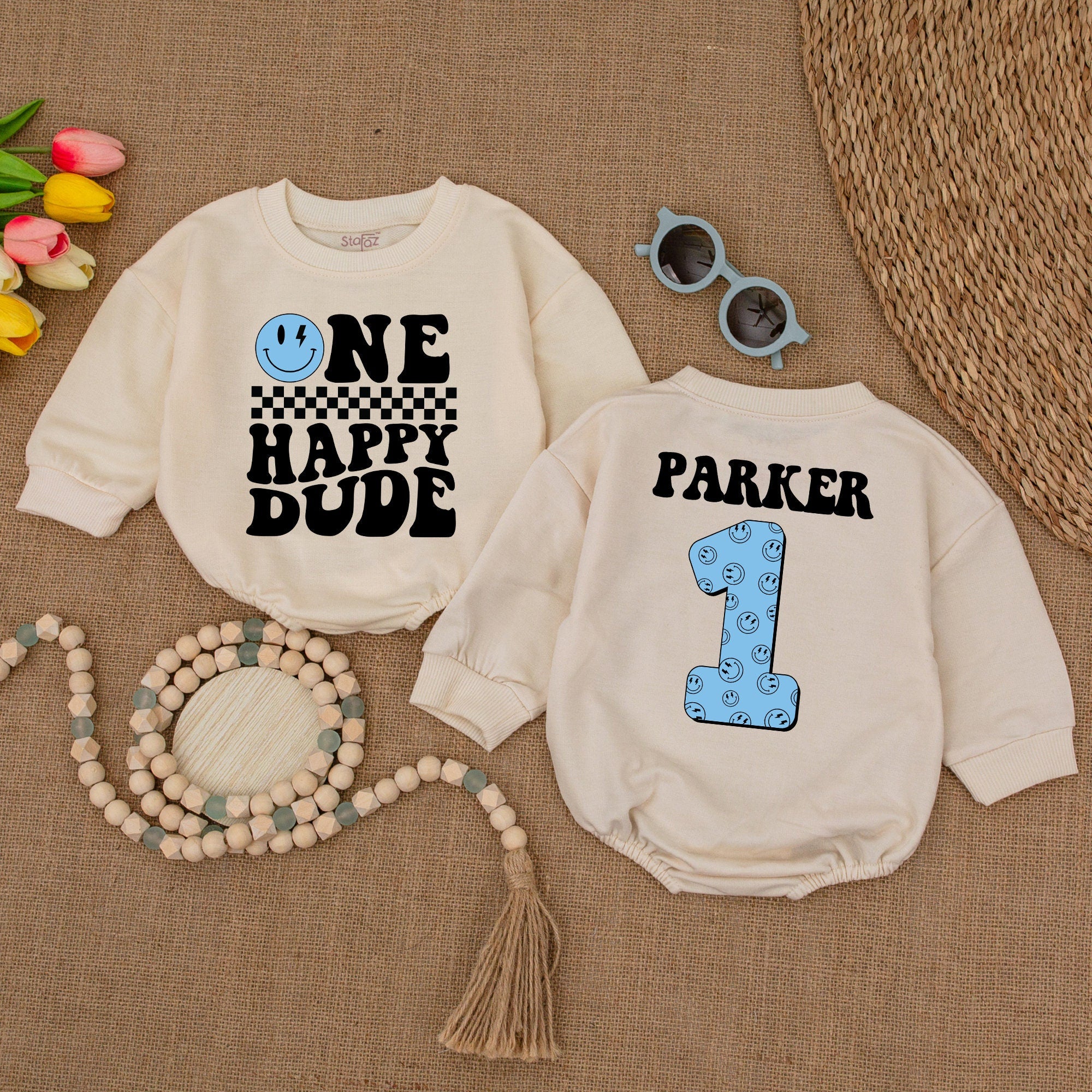 Custom Blue Romper with Name, Happy Dude 1st Birthday Outfit
