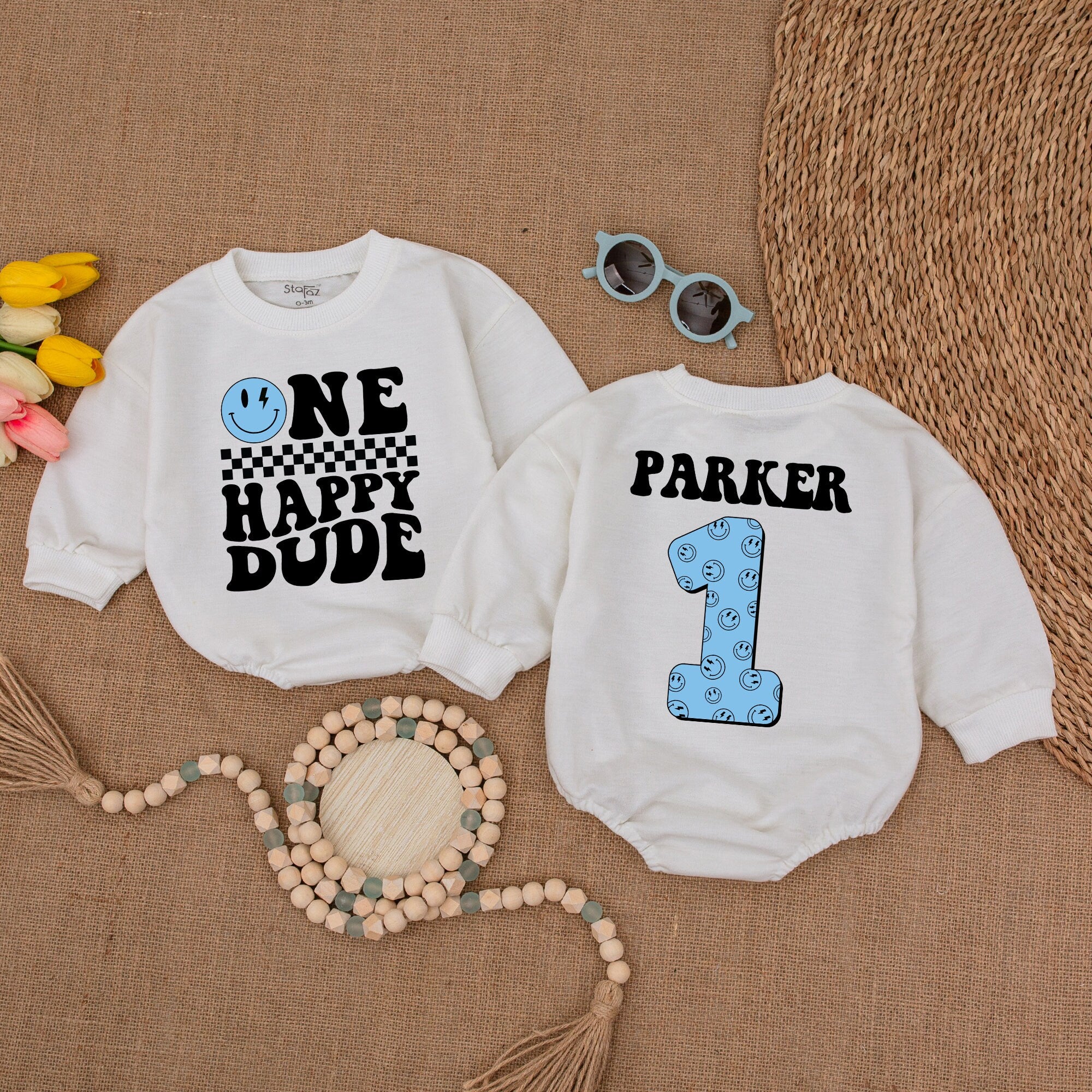 Custom Blue Romper with Name, Happy Dude 1st Birthday Outfit