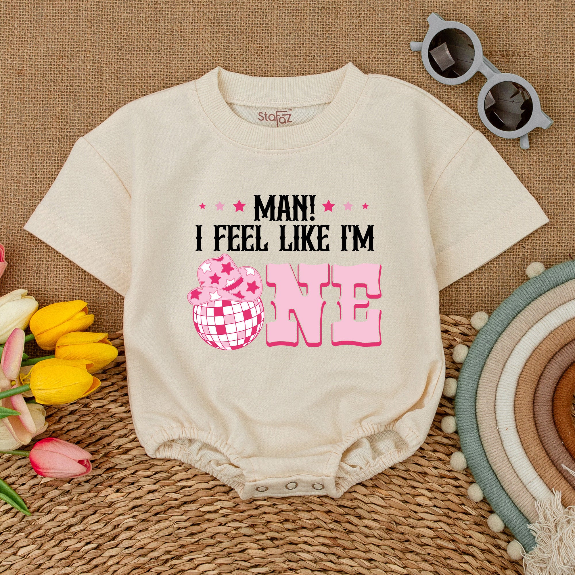 Groovy Cowgirl First Birthday Romper with Pink Cowboy Hat