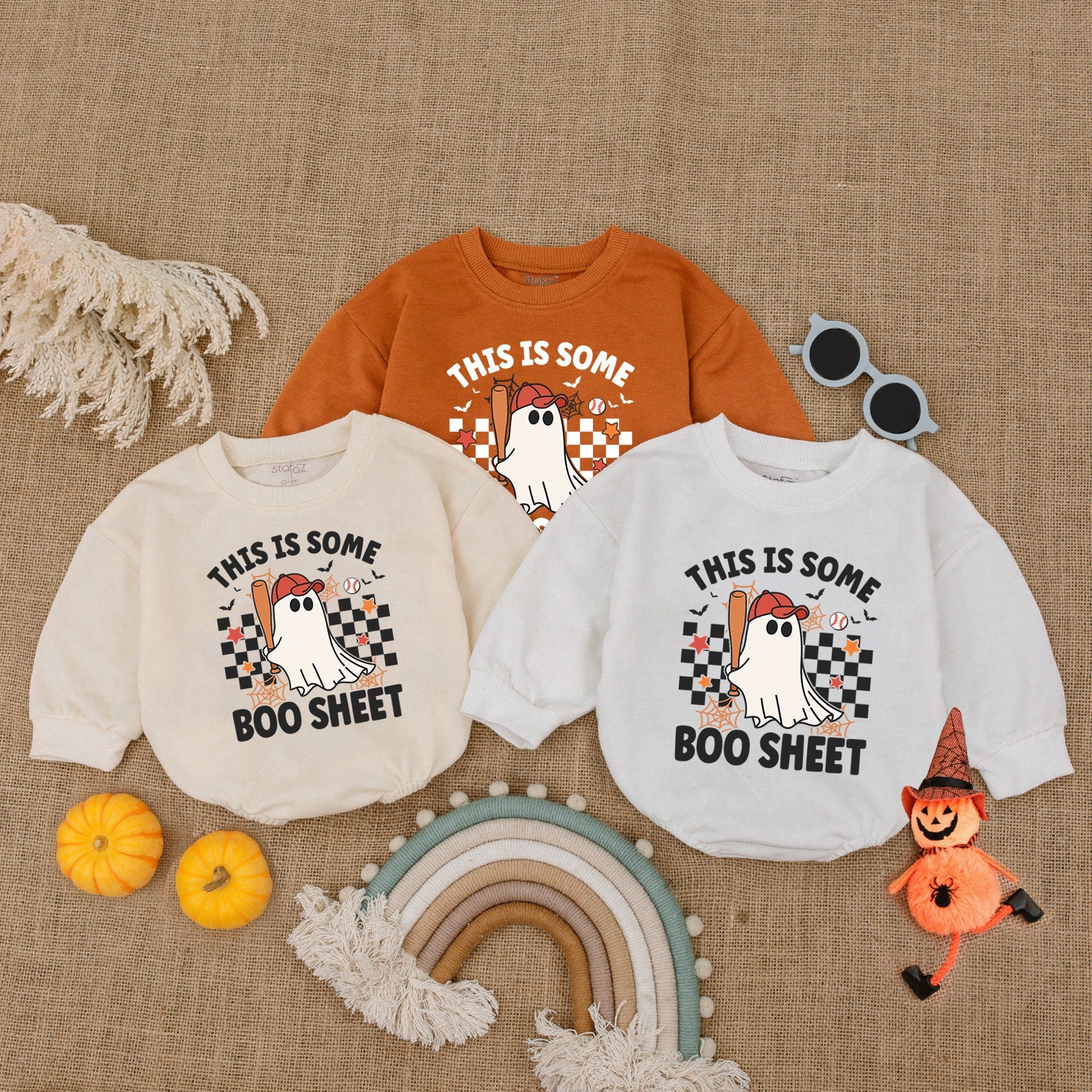 Baby Halloween Romper with Playful Ghost Bowtie Baseball Bat Design Soft Cotton First Holiday Outfit Infant Boy Shower Gift