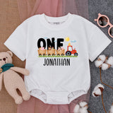 Personalized First Birthday Farm Romper with Colorful Tractor Baby Boy Outfit Custom Name for Party Celebration Comfortable Cotton