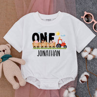 Personalized First Birthday Farm Romper with Colorful Tractor Baby Boy Outfit Custom Name for Party Celebration Comfortable Cotton