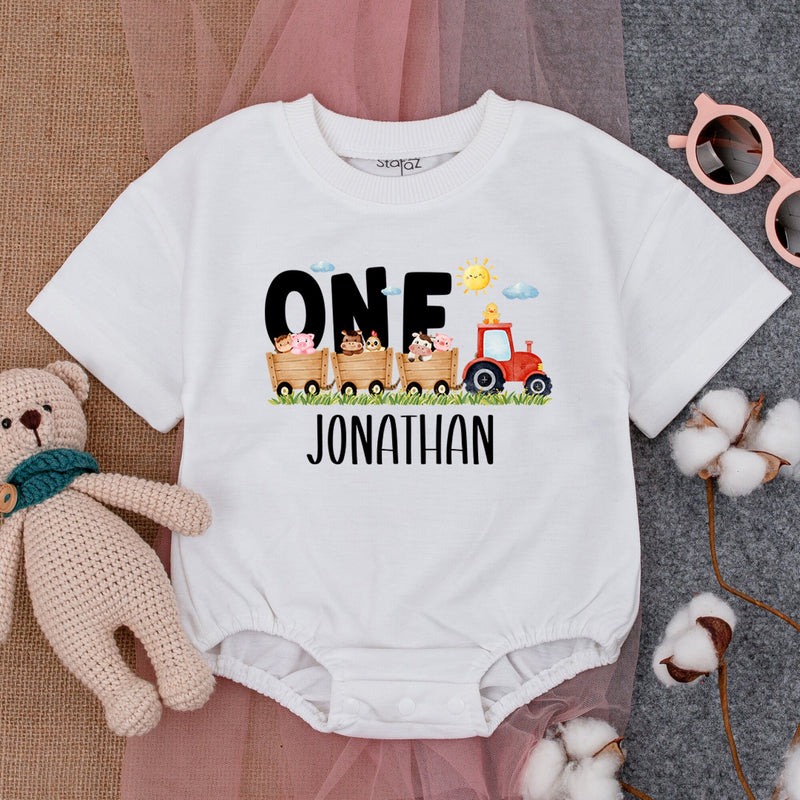Personalized First Birthday Farm Romper with Colorful Tractor Baby Boy Outfit Custom Name for Party Celebration Comfortable Cotton
