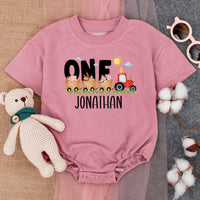 Personalized First Birthday Farm Romper with Colorful Tractor Baby Boy Outfit Custom Name for Party Celebration Comfortable Cotton