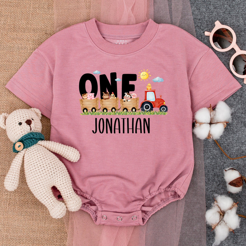 Personalized First Birthday Farm Romper with Colorful Tractor Baby Boy Outfit Custom Name for Party Celebration Comfortable Cotton