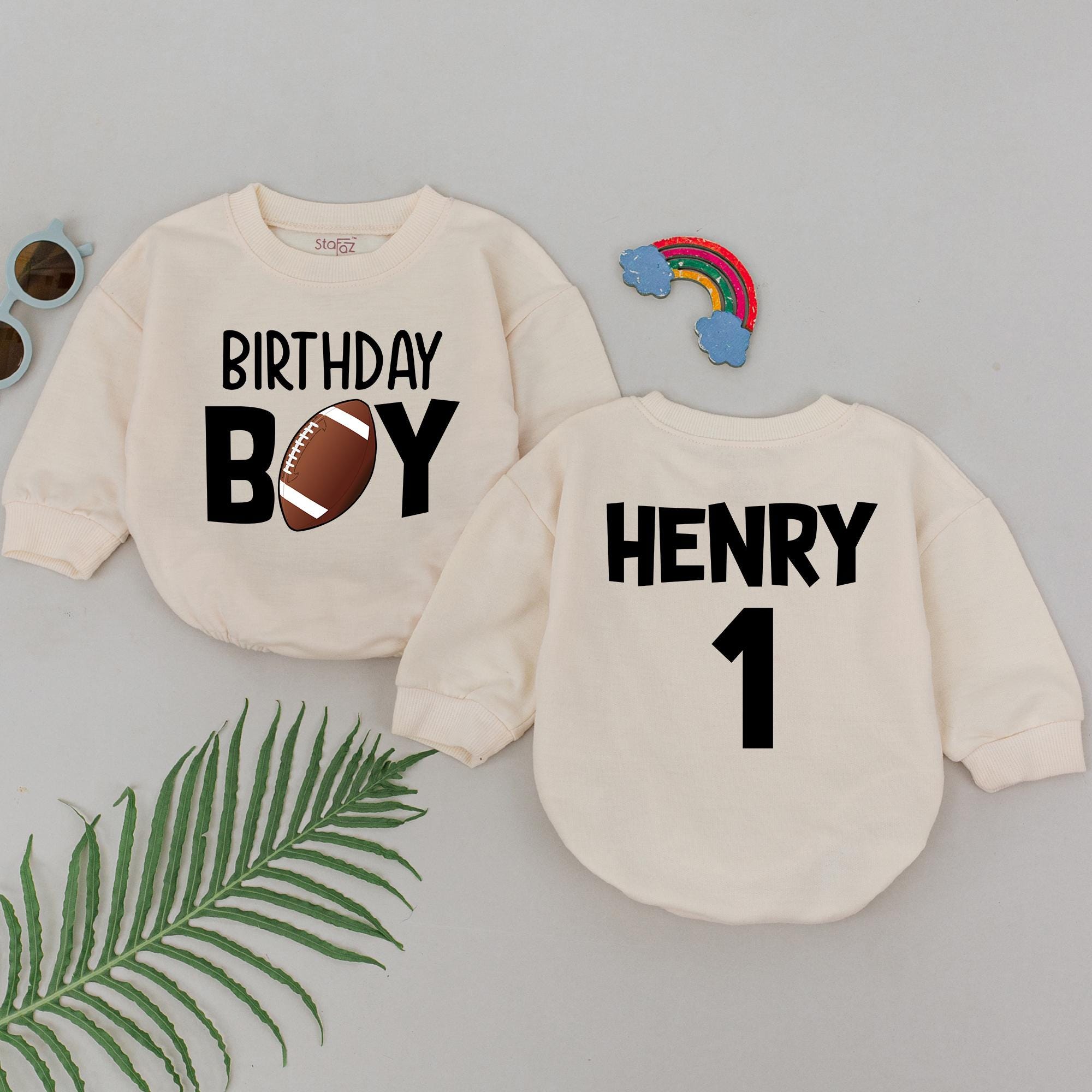 Personalized Football Birthday Romper for Boys 1st Birthday Outfit Sporty Design with Name Henry and Number 1 Soft Cotton Baby Clothes