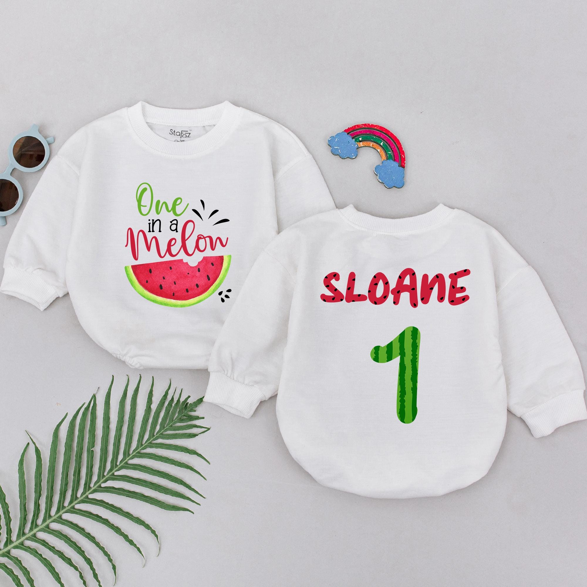 One in a Melon Baby Romper with Watermelon Slice First Birthday Outfit Soft Cotton Gift for Toddler Girl Party Fun Custom Name SLOANE