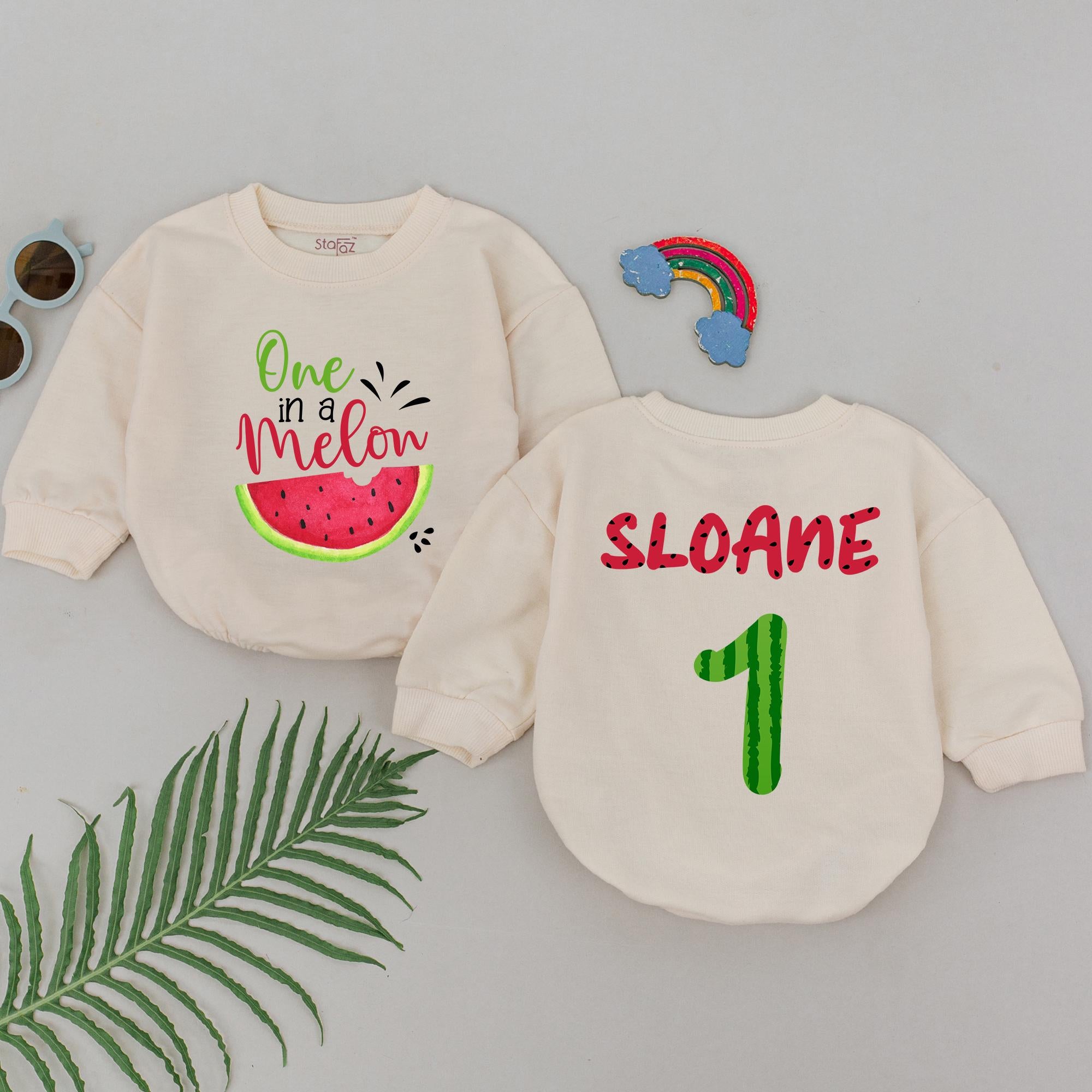 One in a Melon Baby Romper with Watermelon Slice First Birthday Outfit Soft Cotton Gift for Toddler Girl Party Fun Custom Name SLOANE