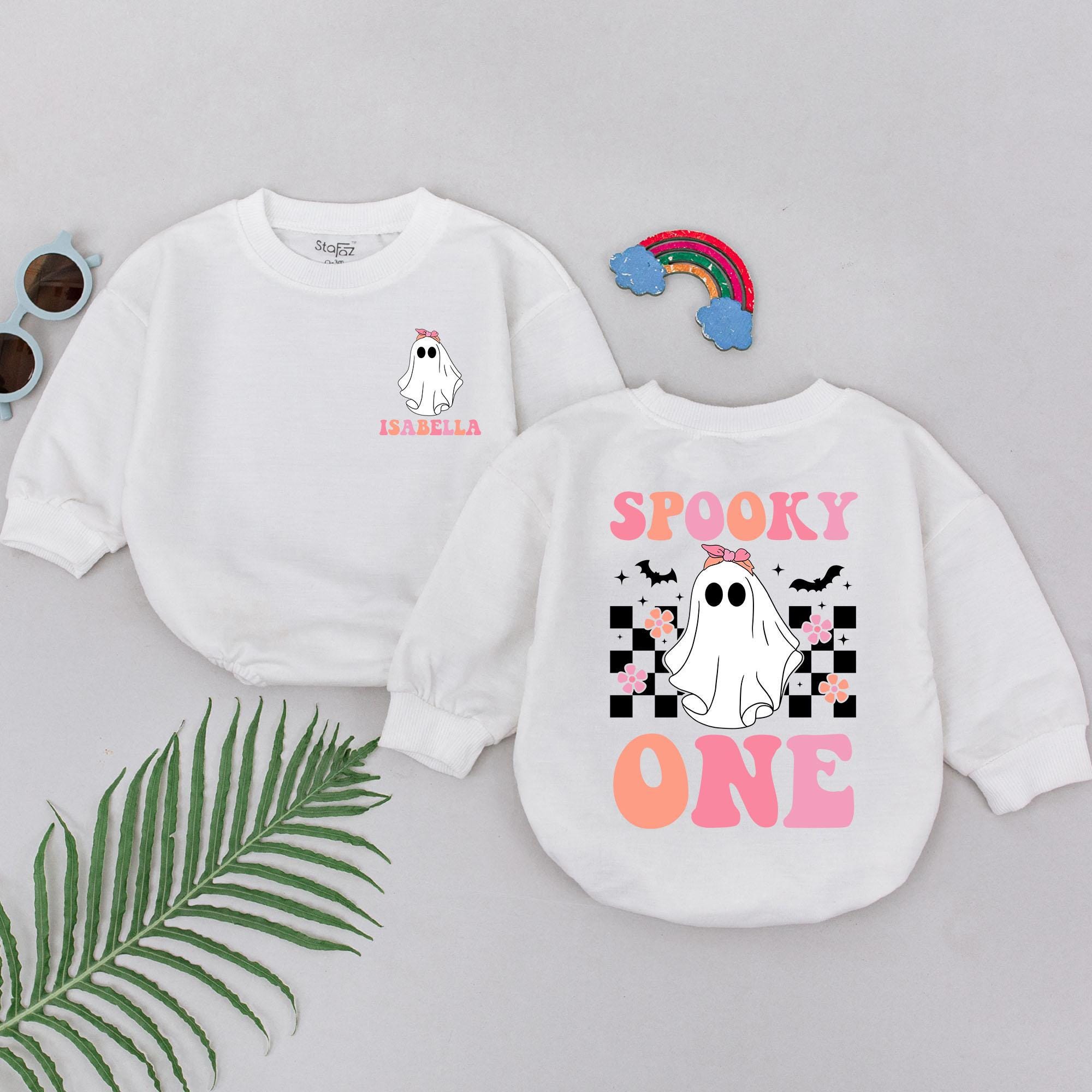 Personalized Spooky One Baby Romper with Ghost and Pink Bow, First Halloween Outfit for Girls, Cute Baby Shower Gift, Soft Cotton Checkered Design