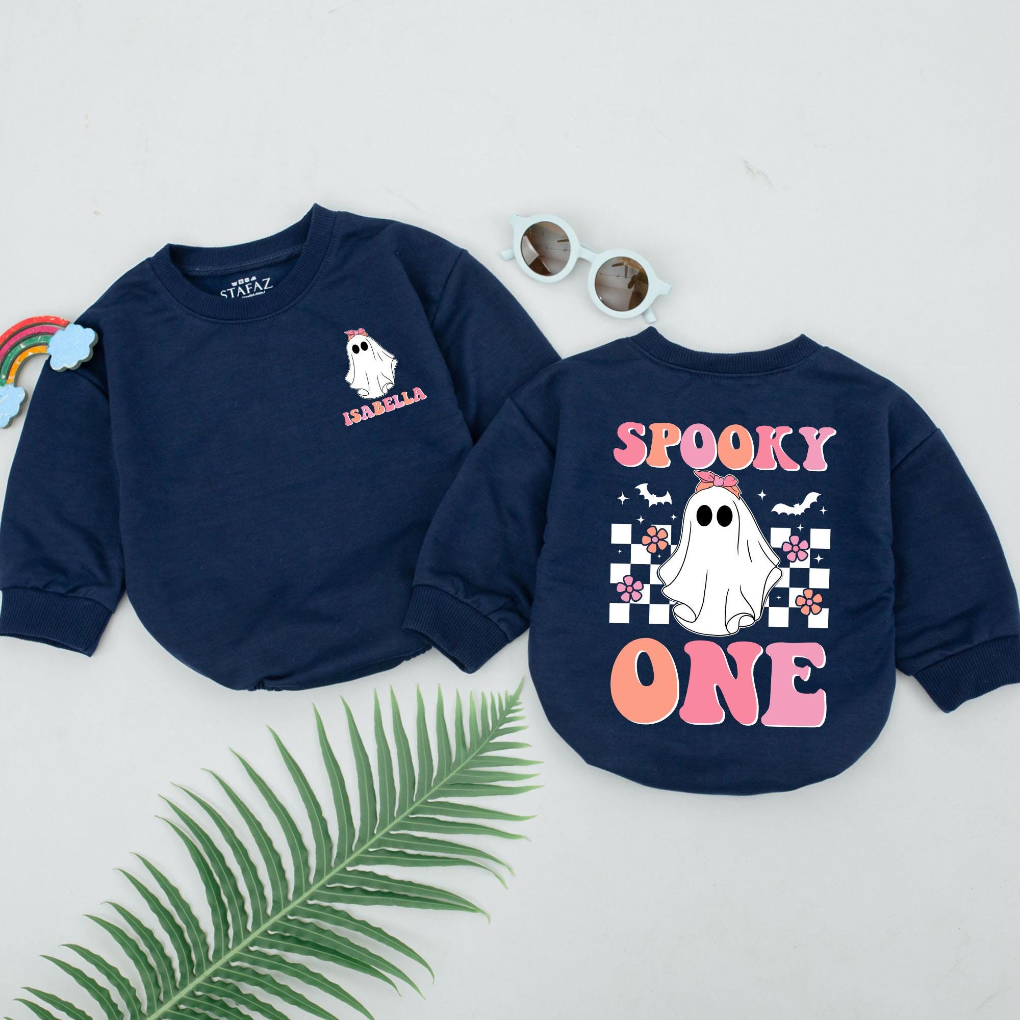 Personalized Spooky One Baby Romper with Ghost and Pink Bow, First Halloween Outfit for Girls, Cute Baby Shower Gift, Soft Cotton Checkered Design