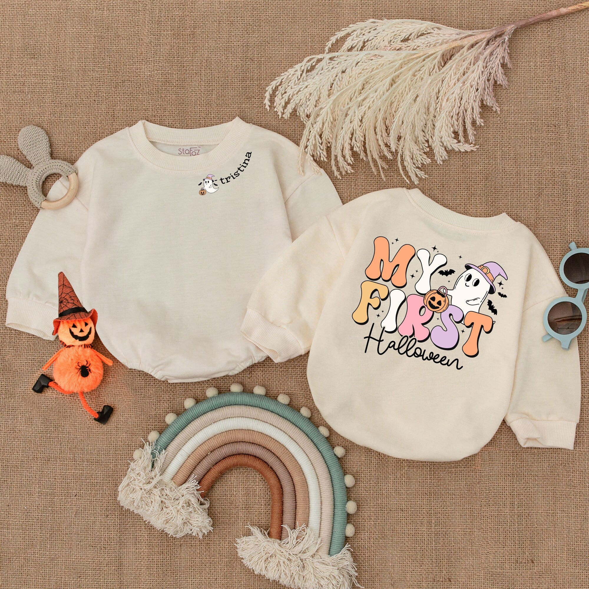 Custom Name My First Halloween Baby Romper Pumpkin Ghost Design Toddler Infant Costume Soft Cotton Outfit for Holiday Party Gift