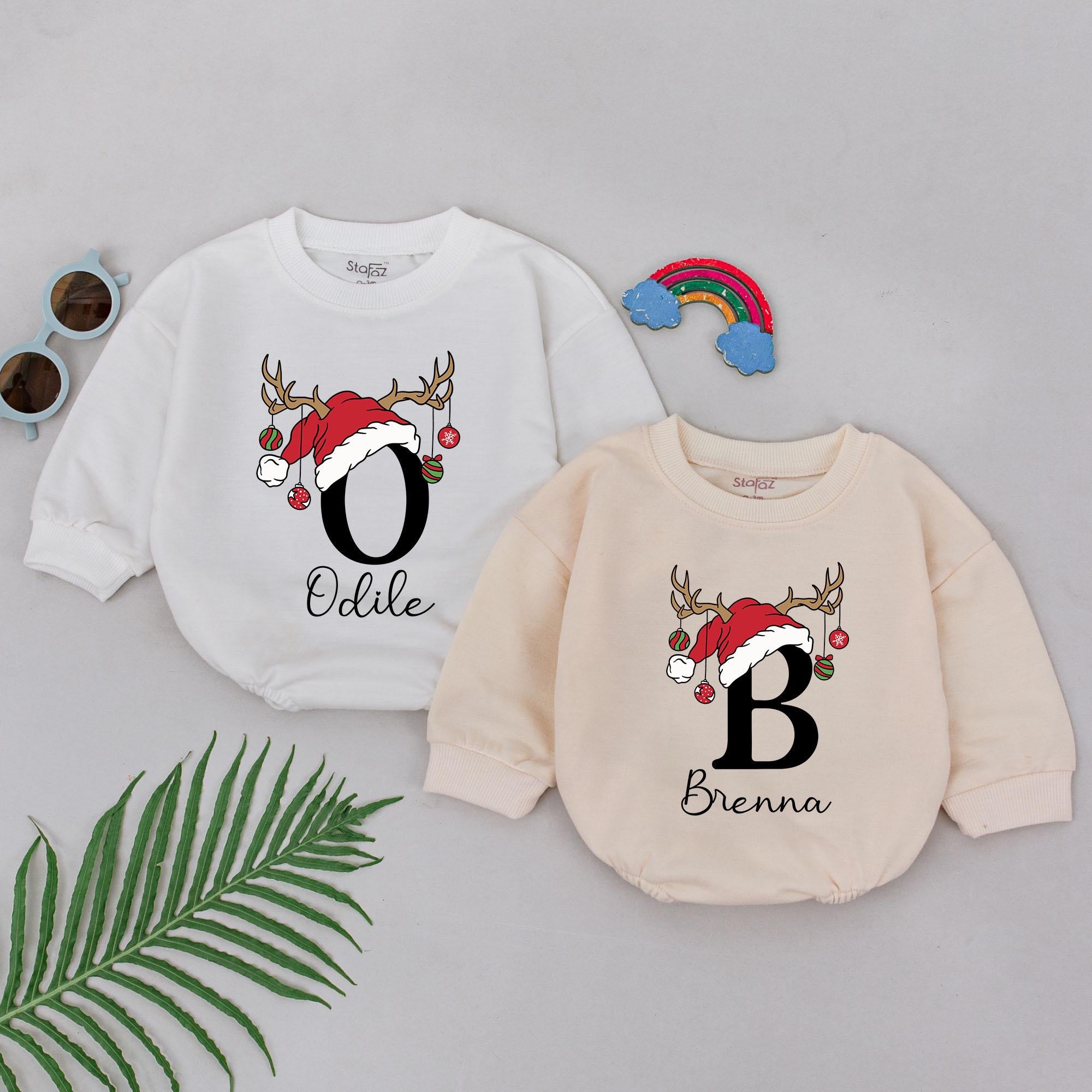 Personalized Christmas Romper with Santa Hat Baby's First Holiday Outfit Custom Name Gift for Newborn Girls Festive Antler Design