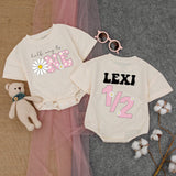 Personalized Baby Girl 1/2 Birthday Romper with Daisy Design, Custom Name Outfit, Soft Pink Cotton Bodysuit for Milestone Photos & Celebrations
