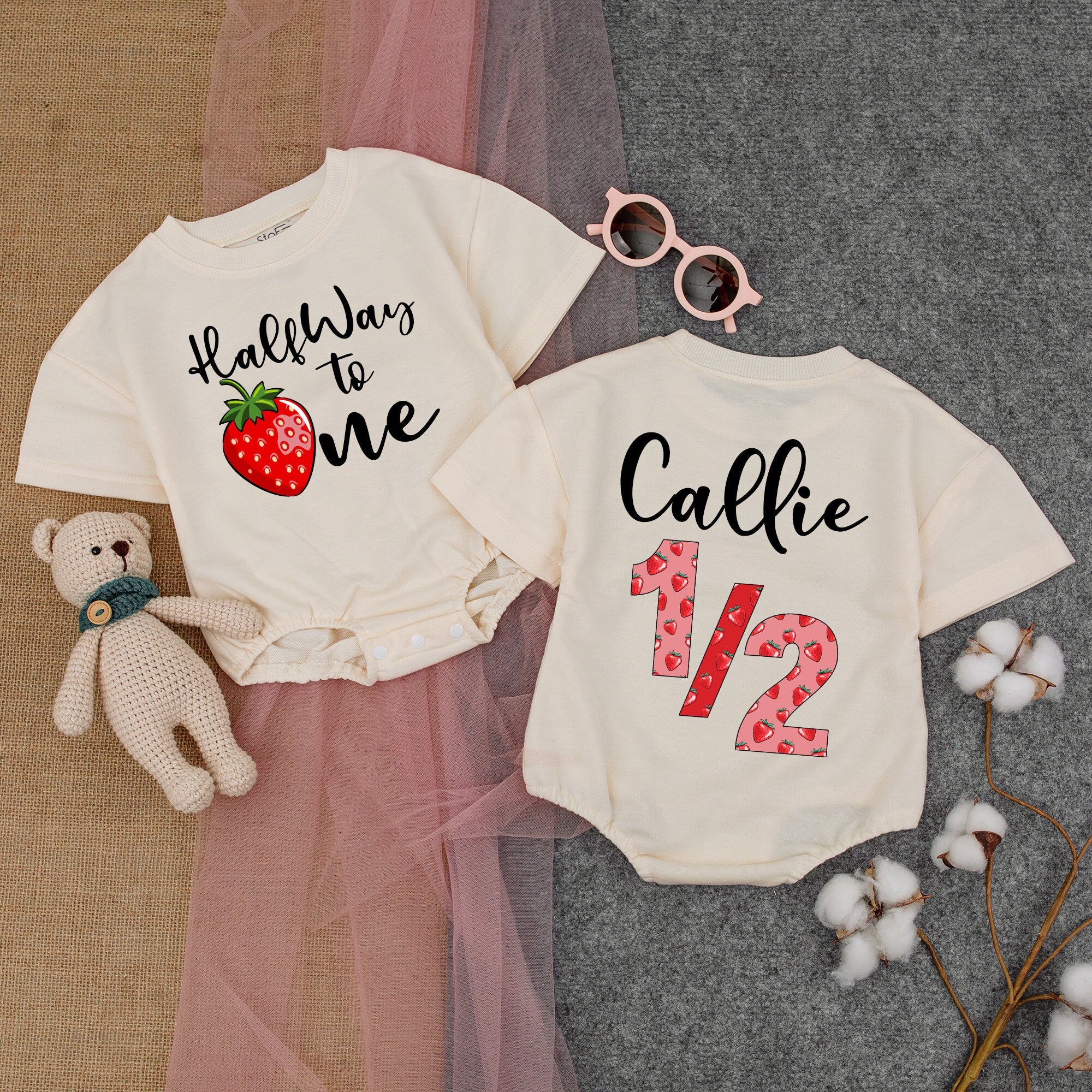 Personalized Strawberry Halfway to One Birthday Romper