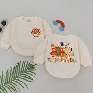 Personalized My 1st Thanksgiving Baby Romper with Cute Turkey Artwork, Soft Cotton, Fall Outfit for Infants, Custom Name Gift for Baby