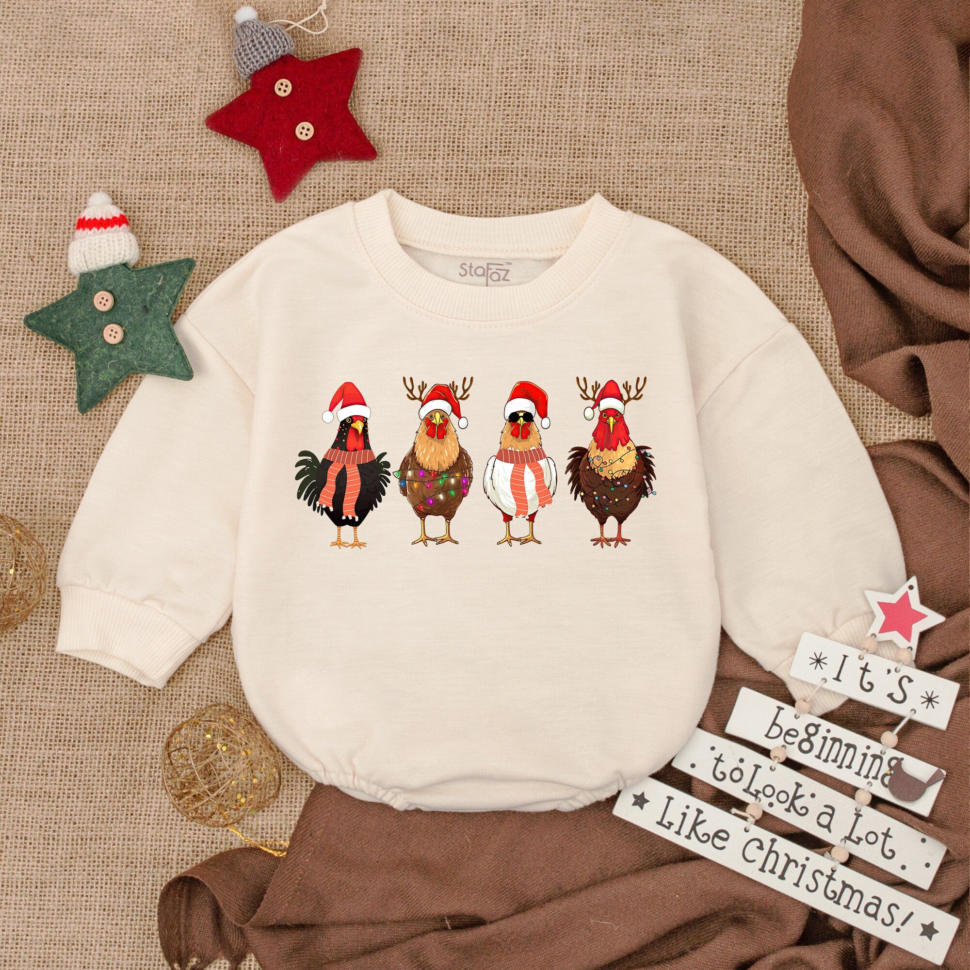 Whimsical Holiday Chickens Baby Romper My First Christmas Outfit Long Sleeve Bodysuit Soft Cotton Festive Baby Gift for Holiday Fun