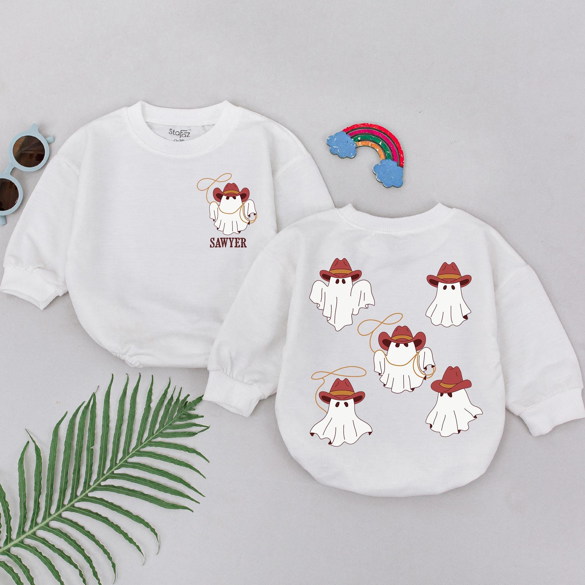 Personalized Cowboy Ghost Baby Romper Halloween Outfit Soft Cotton Infant Gift for Boys Girls Western Theme with Name Custom Sawyer