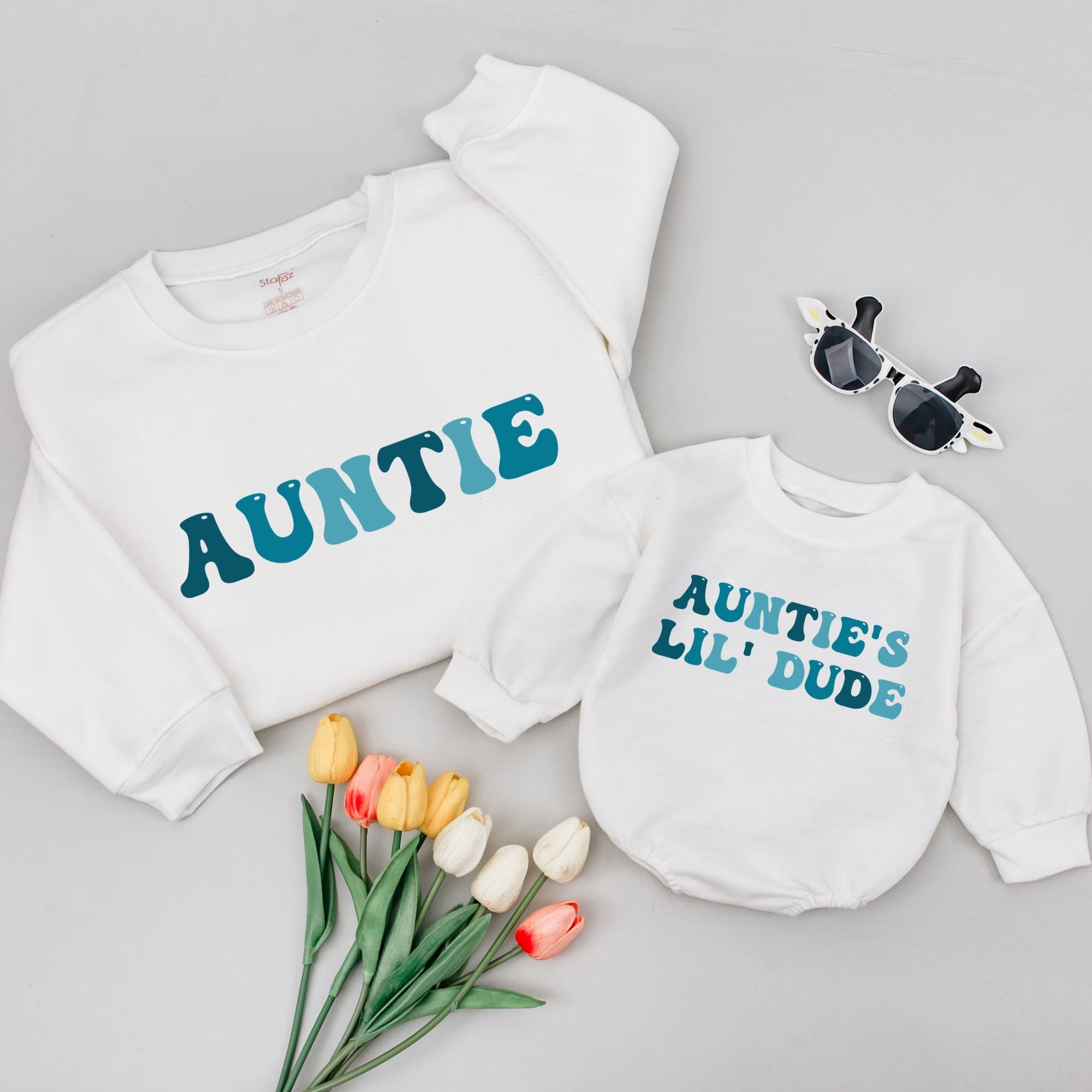 Personalized Auntie Sweatshirt and Auntie's Lil' Dude Outfit Teal Text Matching Baby Gift for Aunt Birthday or Baby Shower