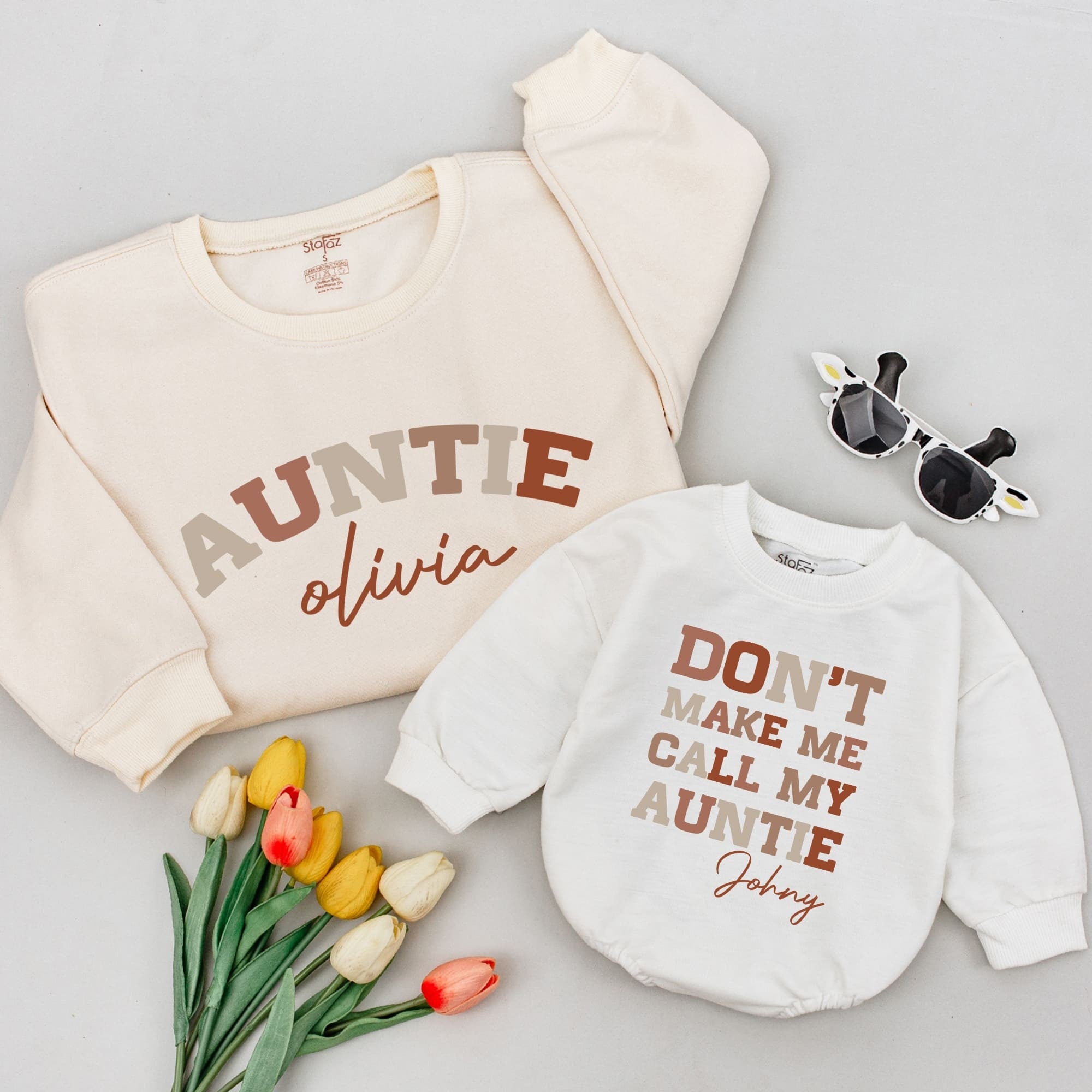 Custom Auntie and Me Shirts Personalized Family Matching Outfits Bold Brown Design Baby Toddler Gift for Aunt and Nephew or Niece