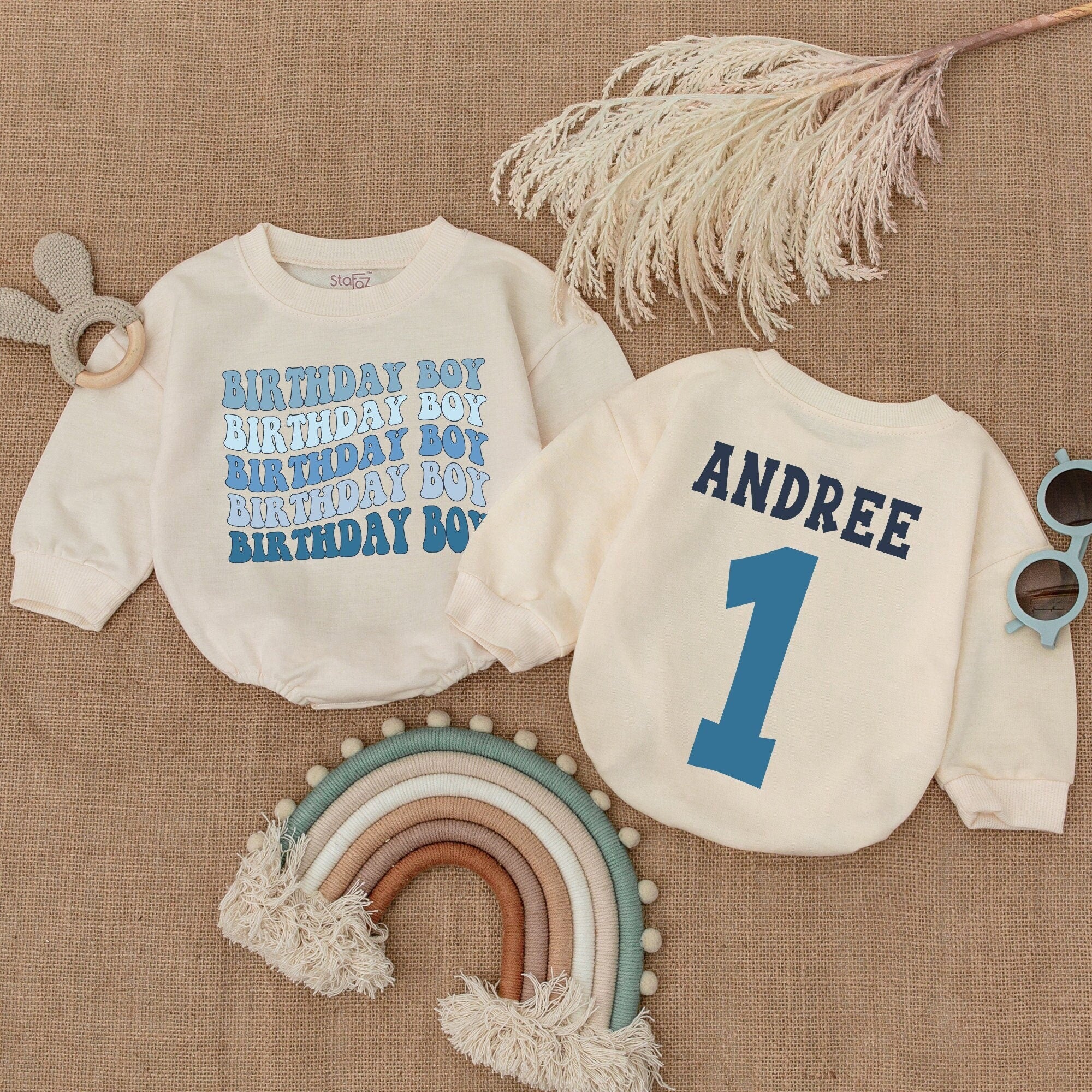 Blue Birthday Boy Romper with Name - First Birthday Outfit