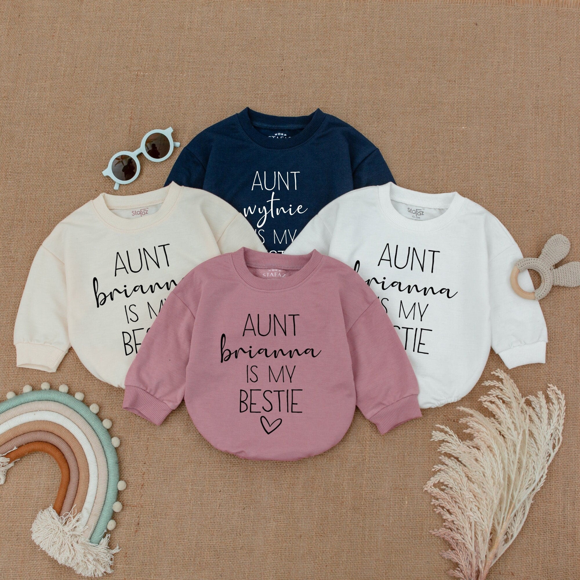 Auntie's Bestie Baby Outfit Personalized Comfy Cotton Coming Home Gift from Aunt Heart Design Infant Clothes Shower Present