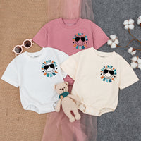 Personalized Birthday Dude Romper with Smiley Sunglasses Baby Boy First Birthday Outfit Vibrant Colors Peace Sign Fun Playful Design