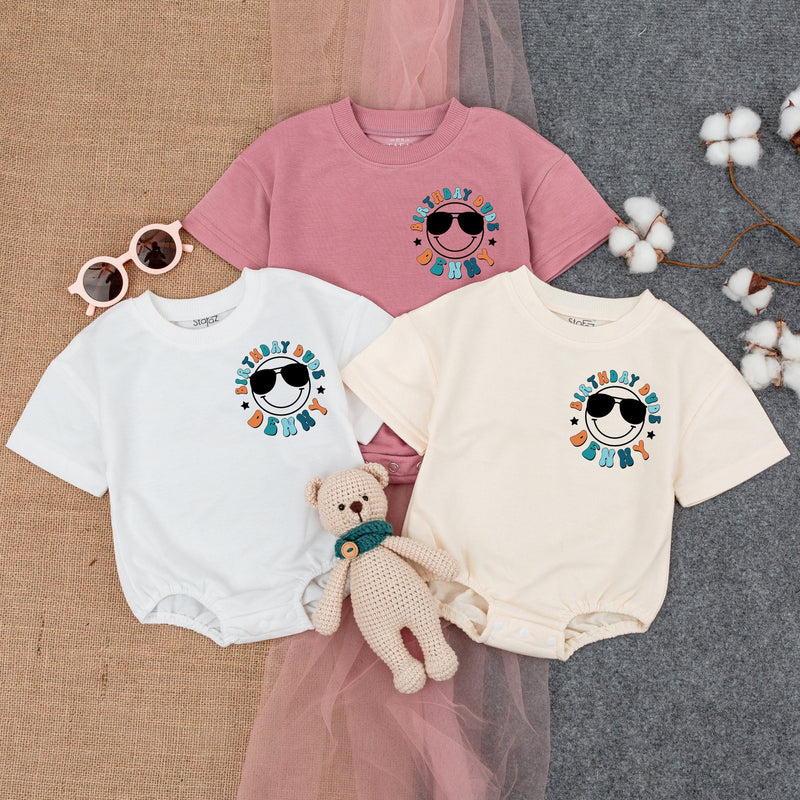 Personalized Birthday Dude Romper with Smiley Sunglasses Baby Boy First Birthday Outfit Vibrant Colors Peace Sign Fun Playful Design