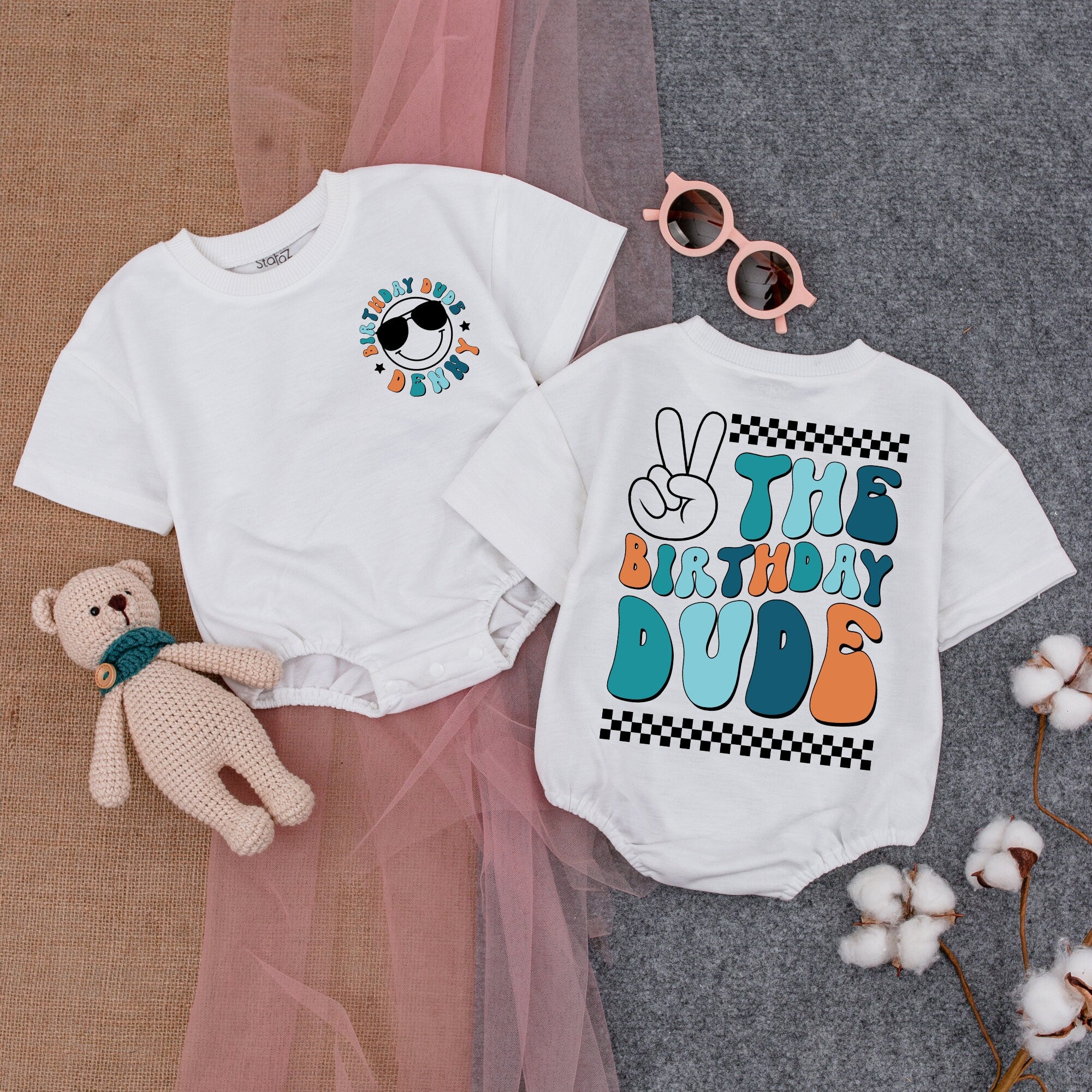 Personalized Birthday Dude Romper with Smiley Sunglasses Baby Boy First Birthday Outfit Vibrant Colors Peace Sign Fun Playful Design