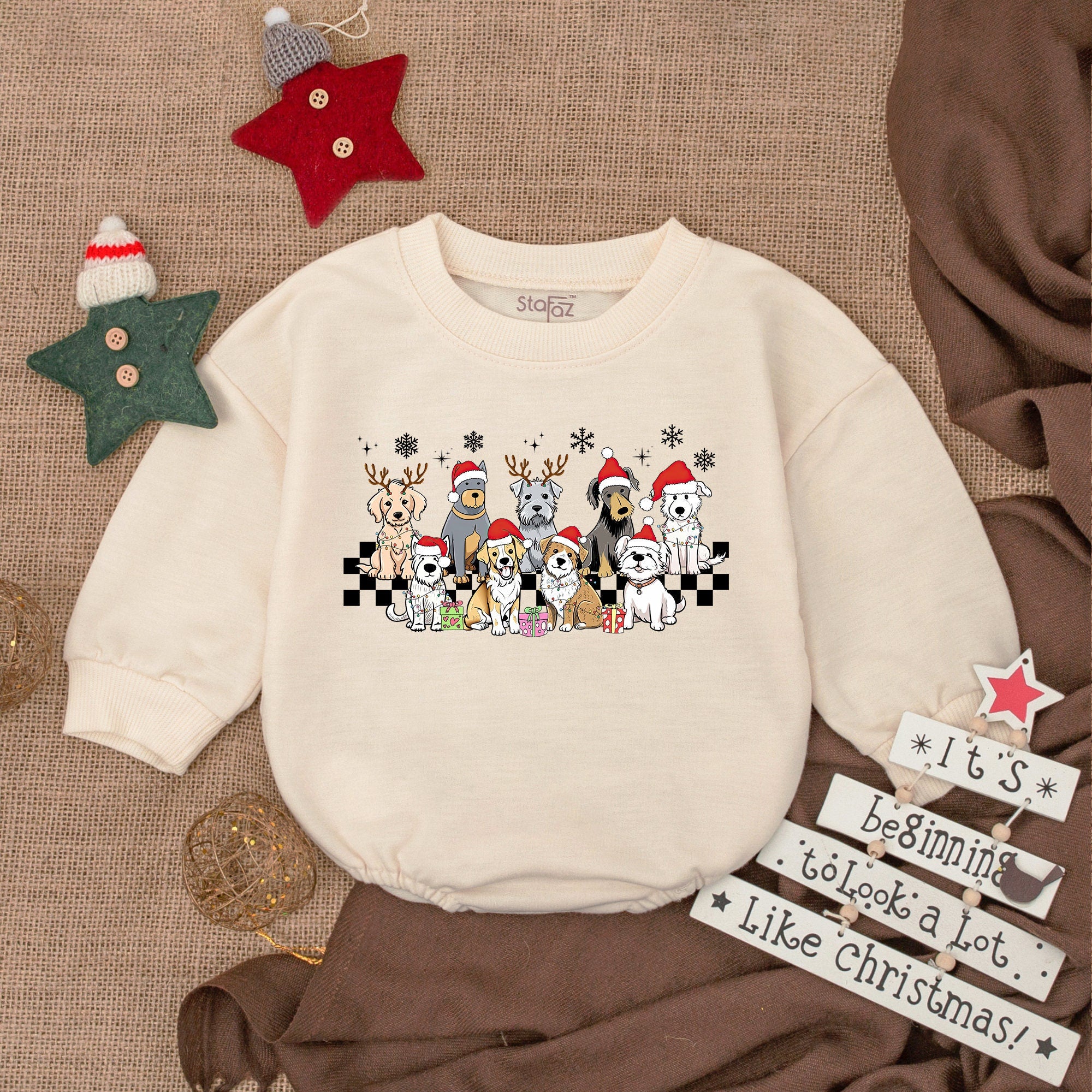 Adorable Dogs Christmas Baby Romper Festive First Xmas Bodysuit Soft Cotton Long Sleeve Holiday Outfit Infant Gift Snowflakes Design