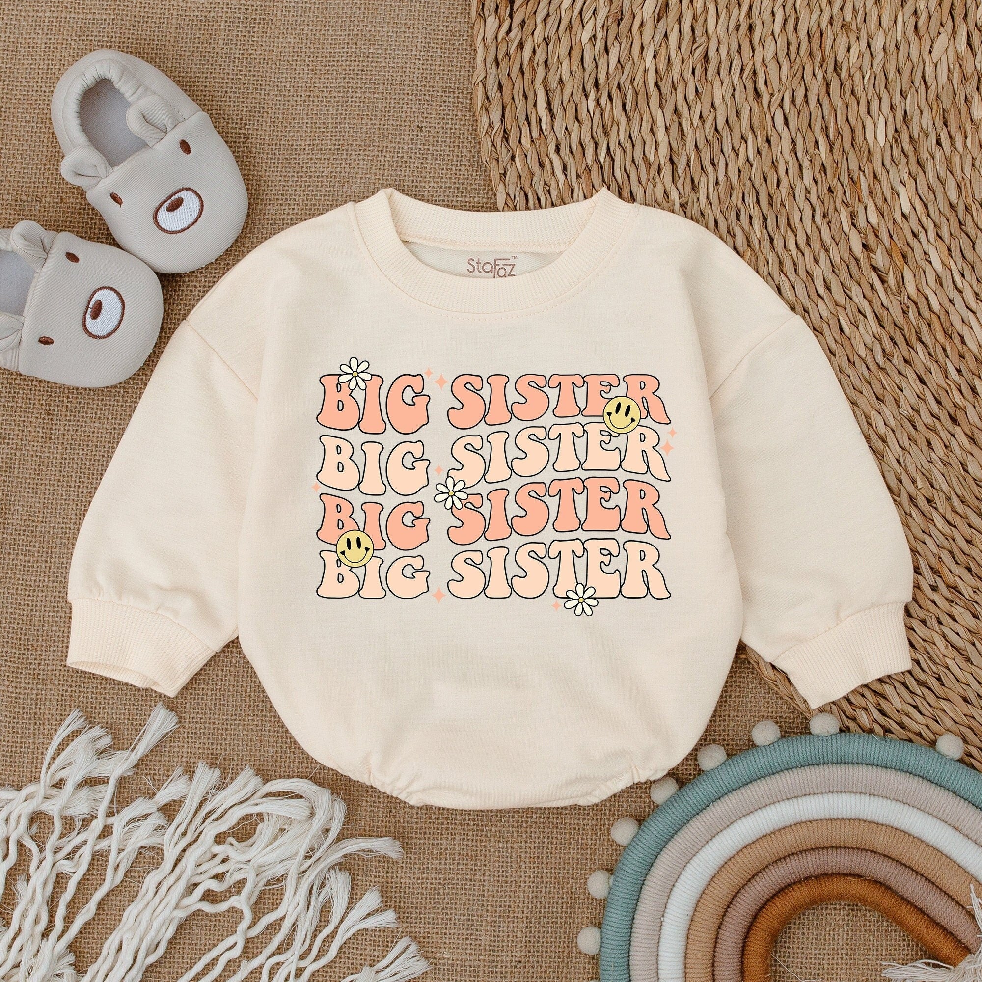 Big Sister Baby Romper Peach Cream Daisy Design Cute Newborn Outfit Smiley Face Retro Style Toddler Girl Gift Soft Cotton Comfort Wear