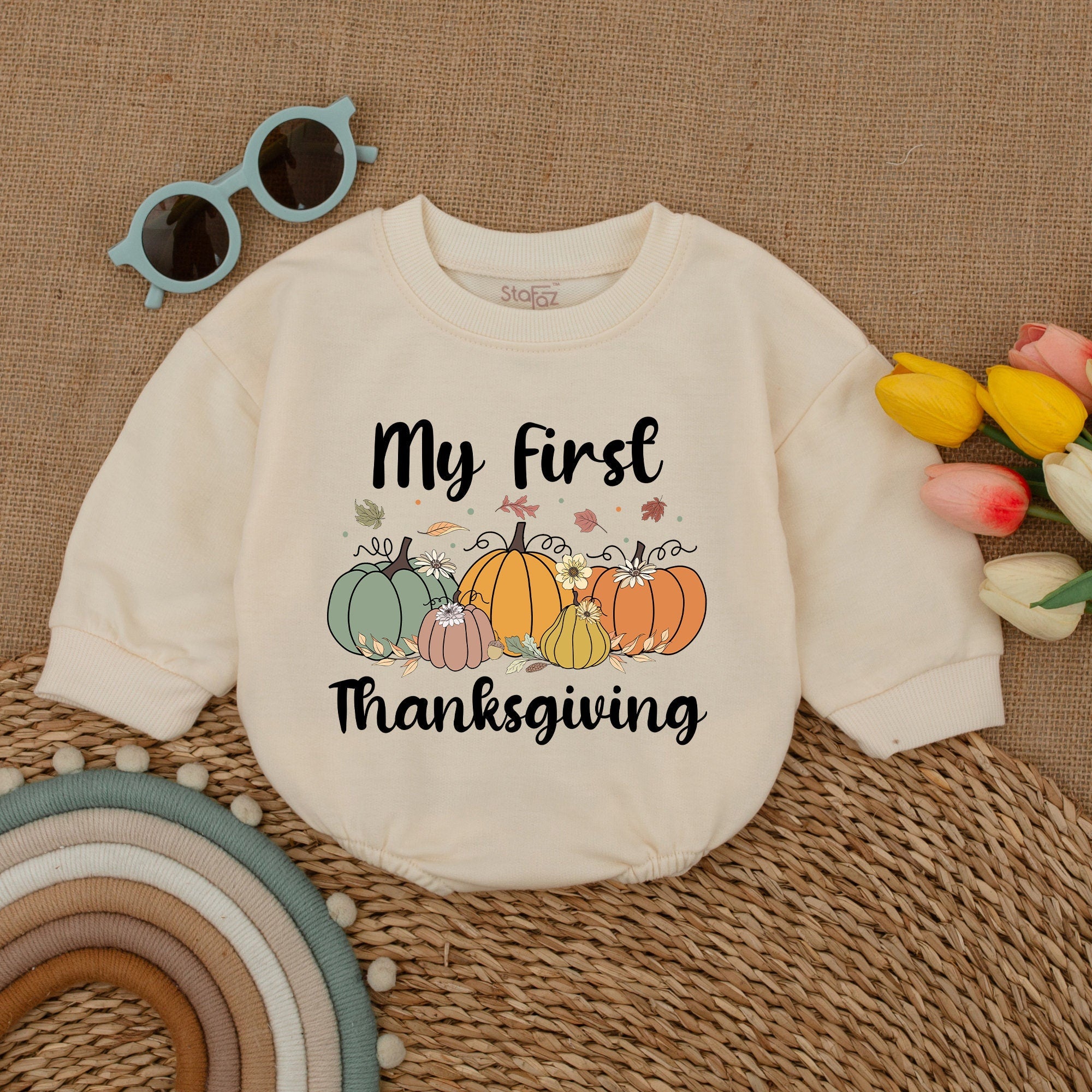 My First Thanksgiving Pumpkin Romper Baby Bodysuit Cute Fall Outfit Soft Cotton Infant Gift Pastel Colors for Holiday Celebration