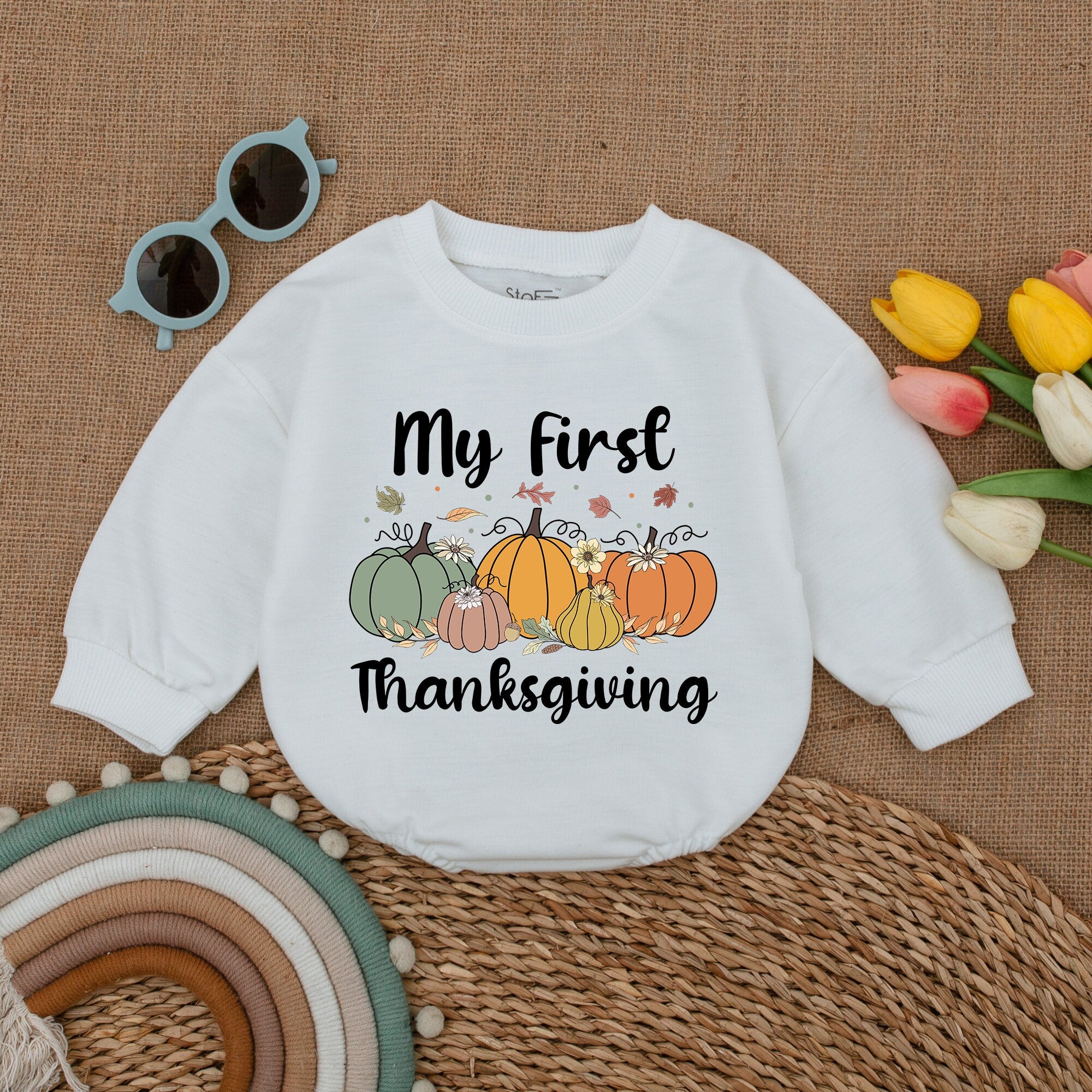 My First Thanksgiving Pumpkin Romper Baby Bodysuit Cute Fall Outfit Soft Cotton Infant Gift Pastel Colors for Holiday Celebration