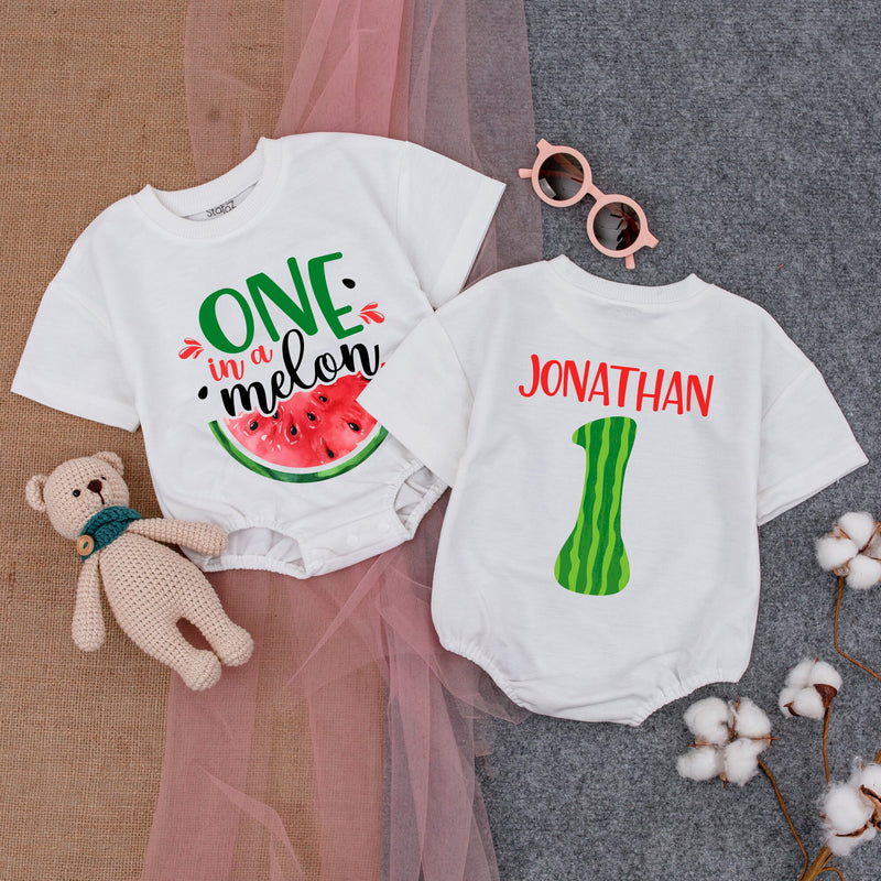 Personalized One in a Melon Romper First Birthday Outfit Baby Girl Watermelon Design Soft Cotton Party Clothes Cheerful Colors Custom Name