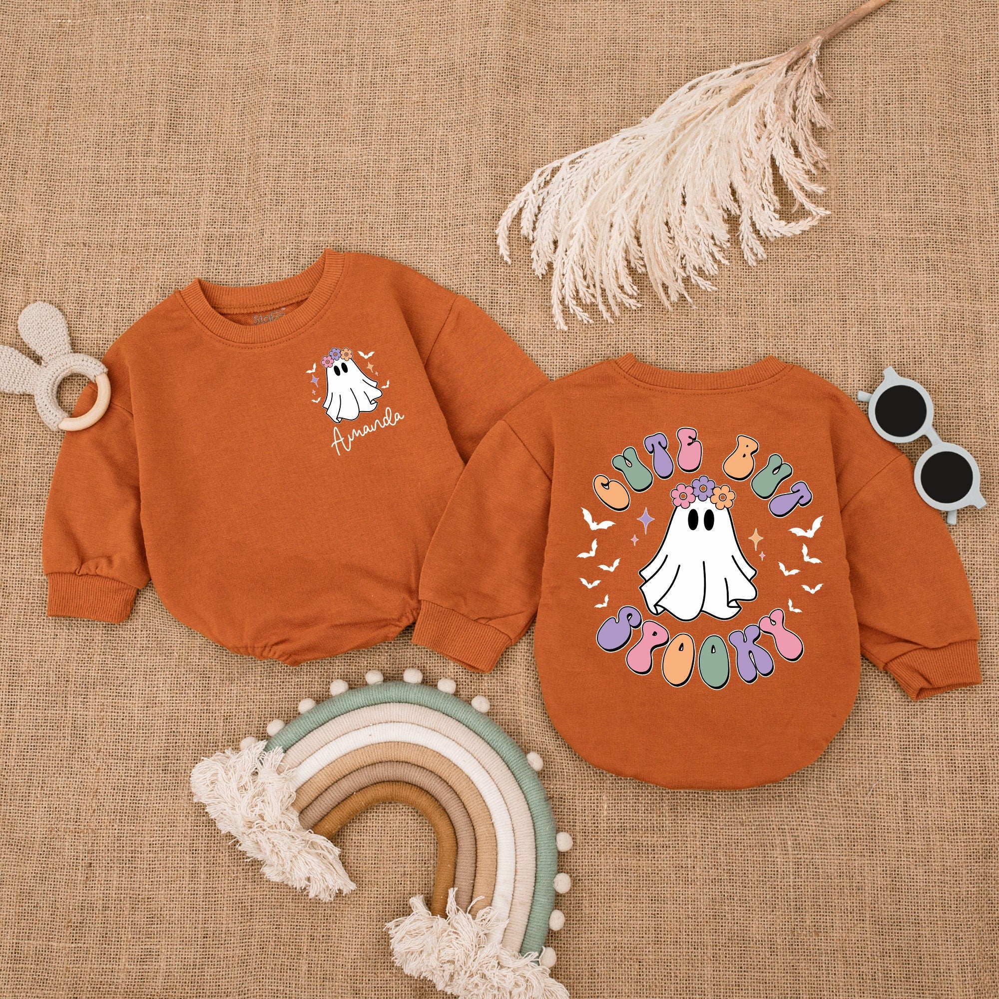Cute But Spooky Baby Romper with Playful Ghost First Halloween Outfit Gift for Infant Boy or Girl Soft Cotton Bubble Bodysuit Costume