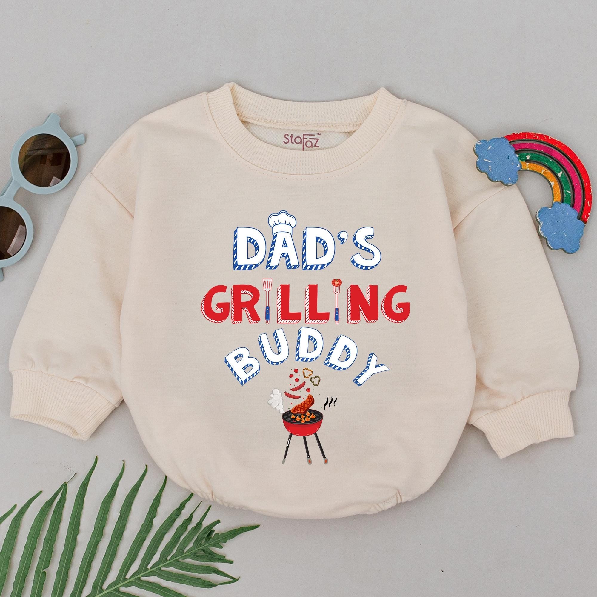 Dad's Grilling Buddy Baby Romper Cartoon BBQ Outfit Newborn Boys Girls Cotton Father's Day Gift Fun Blue Red Checkered Pattern