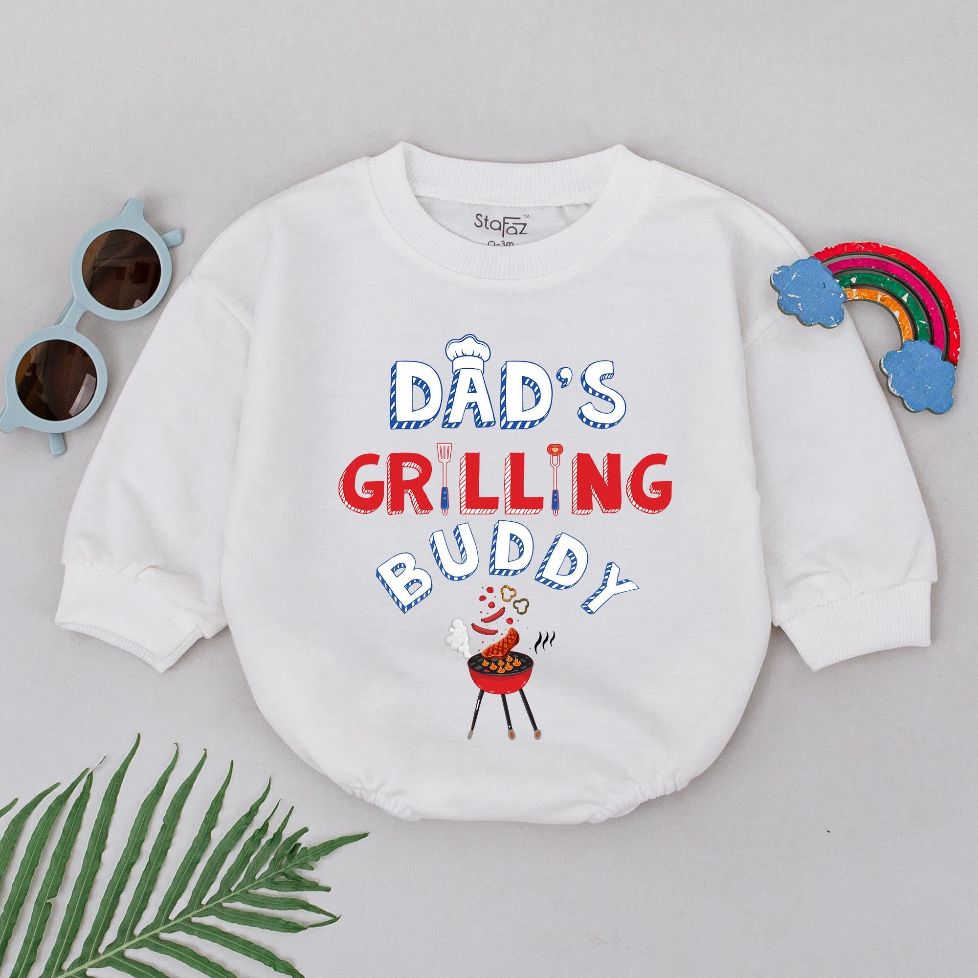 Dad's Grilling Buddy Baby Romper Cartoon BBQ Outfit Newborn Boys Girls Cotton Father's Day Gift Fun Blue Red Checkered Pattern