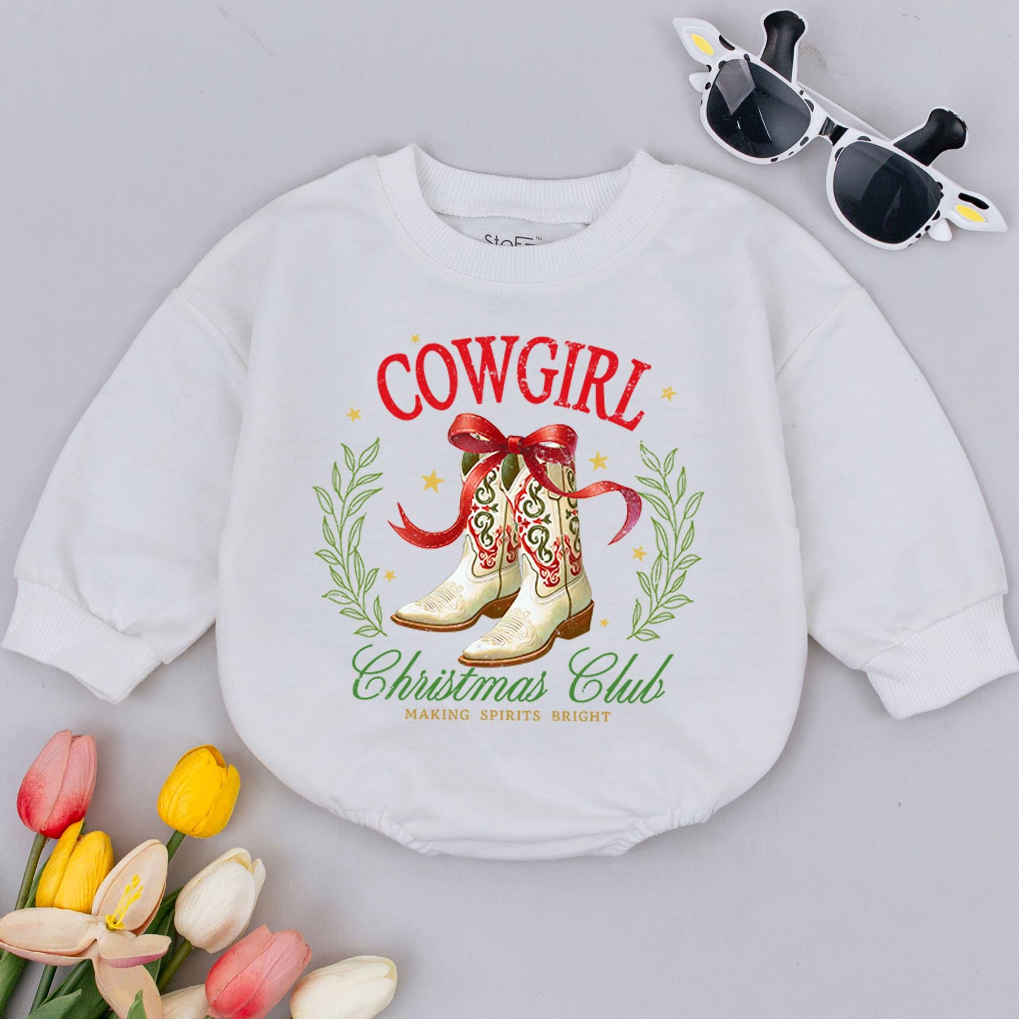Cowgirl Christmas Club Baby Romper with Cowboy Boots Holiday Gift Outfit First Christmas Infant Western Style Red Green Design