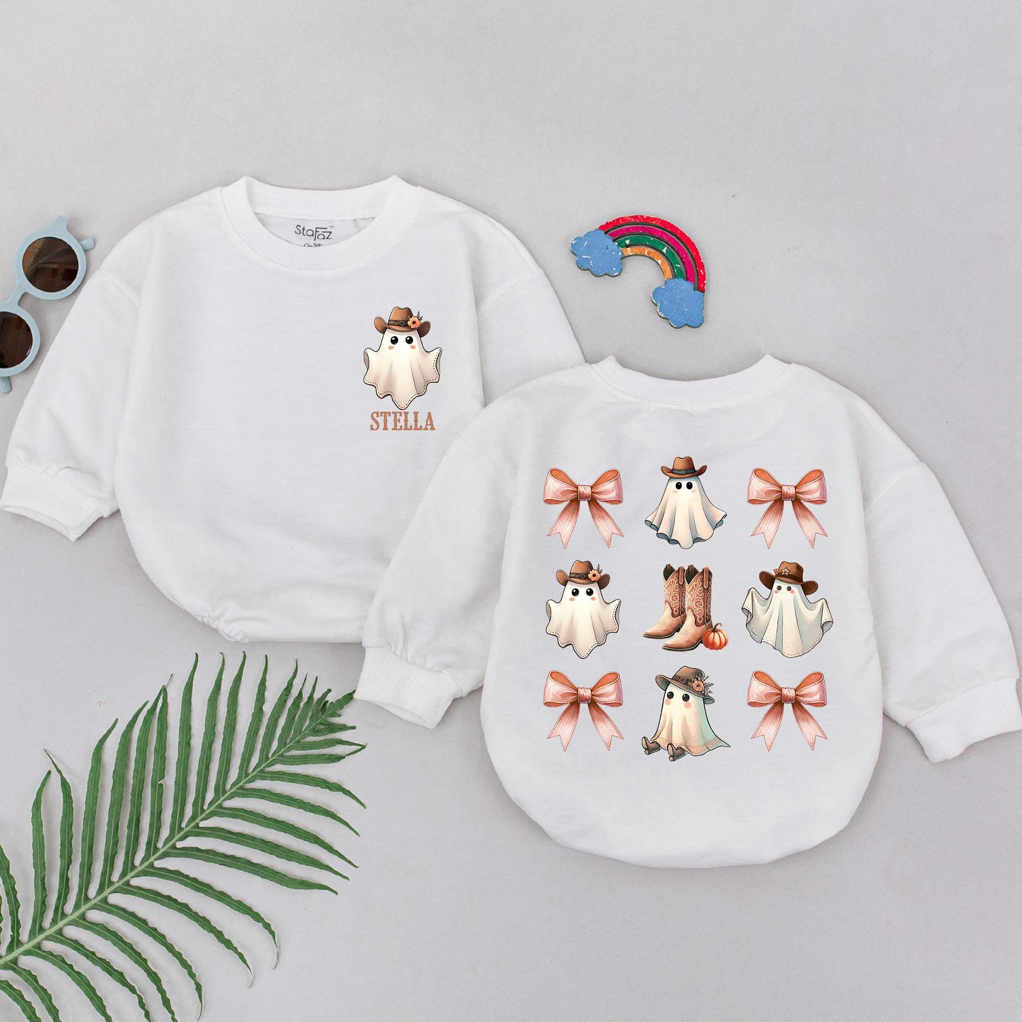 Personalized Baby Girl Cowboy Ghost Romper with Pink Bows Halloween Western Outfit Infant Cotton Soft Newborn Gift Custom Name