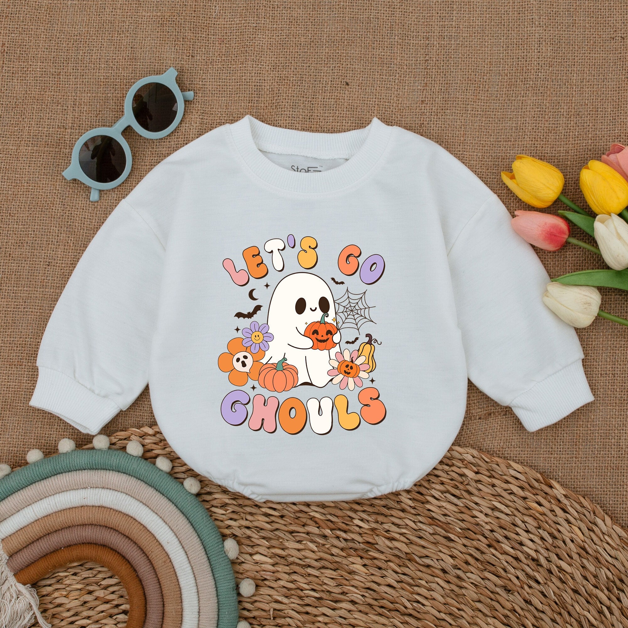 Let's Go Ghouls Baby Romper Cute Ghost Halloween Bodysuit Girls Outfit Festive Fall Costume Newborn Shower Gift Cotton Soft Comfy