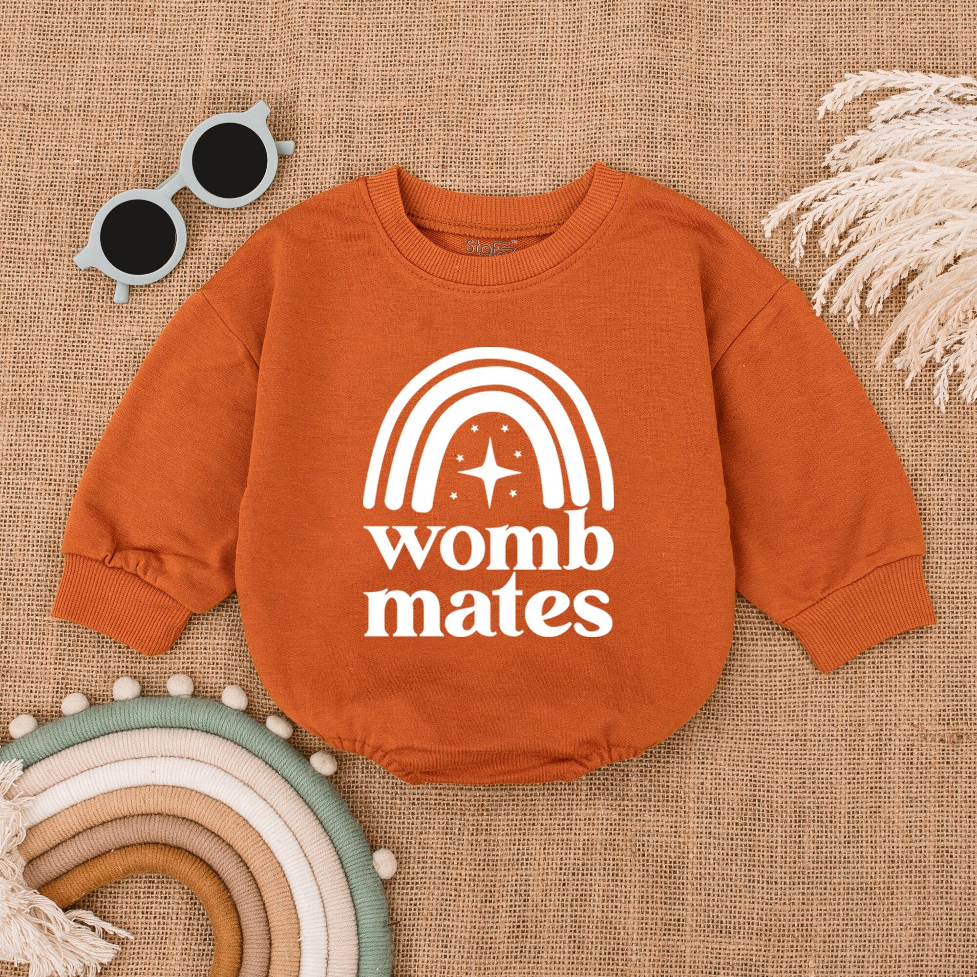 Whimsical Womb Mates Twin Baby Romper with Rainbow Design
