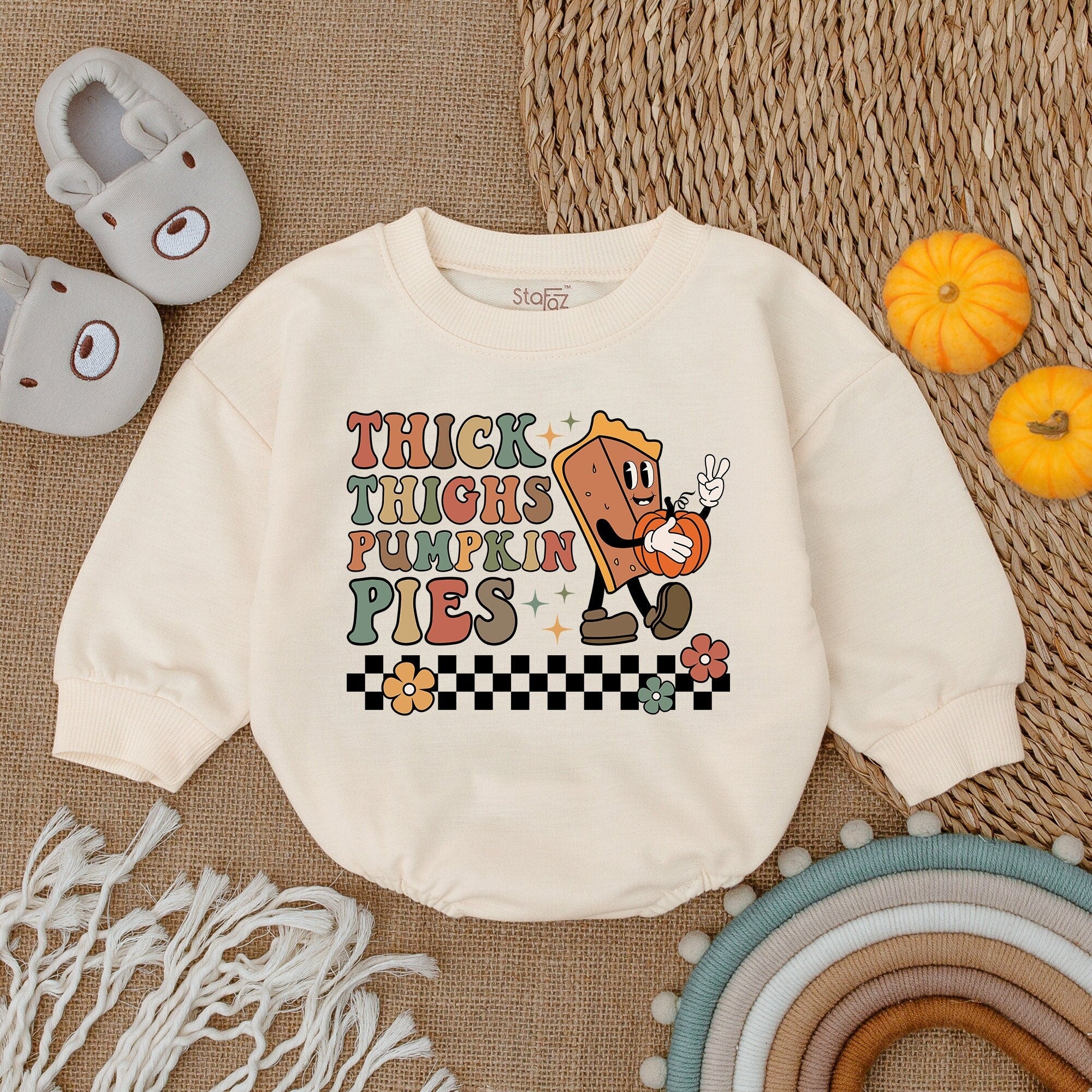 Thick Thighs Pumpkin Pies Infant Romper Thanksgiving Outfit Soft Cotton Fall Baby Shower Gift Vintage Autumn Design
