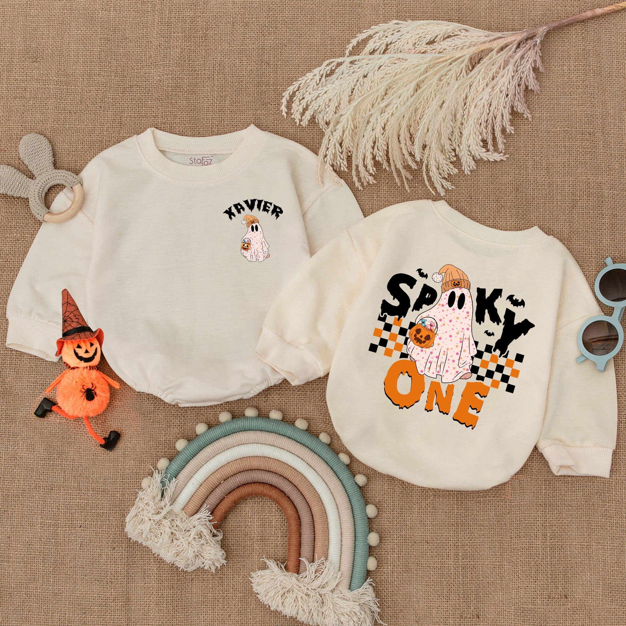 Personalized Spooky One Baby Romper Halloween Ghost Costume for Infant Girls First Holiday Outfit Custom Name Cute Pumpkin Print