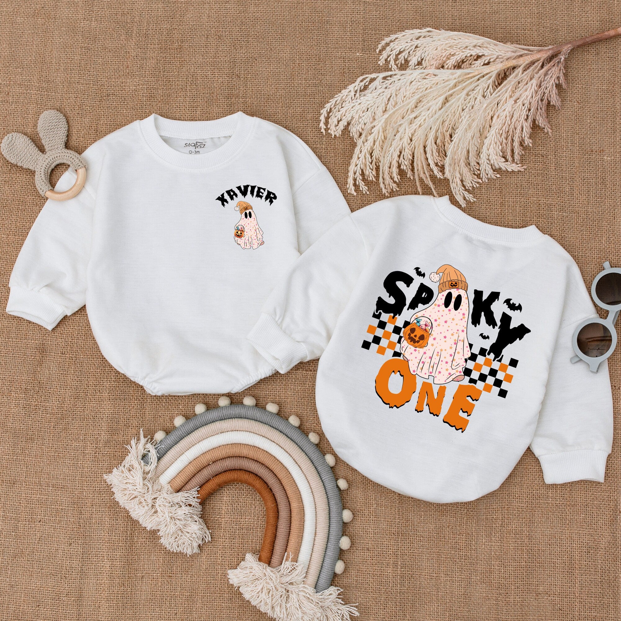 Personalized Spooky One Baby Romper Halloween Ghost Costume for Infant Girls First Holiday Outfit Custom Name Cute Pumpkin Print