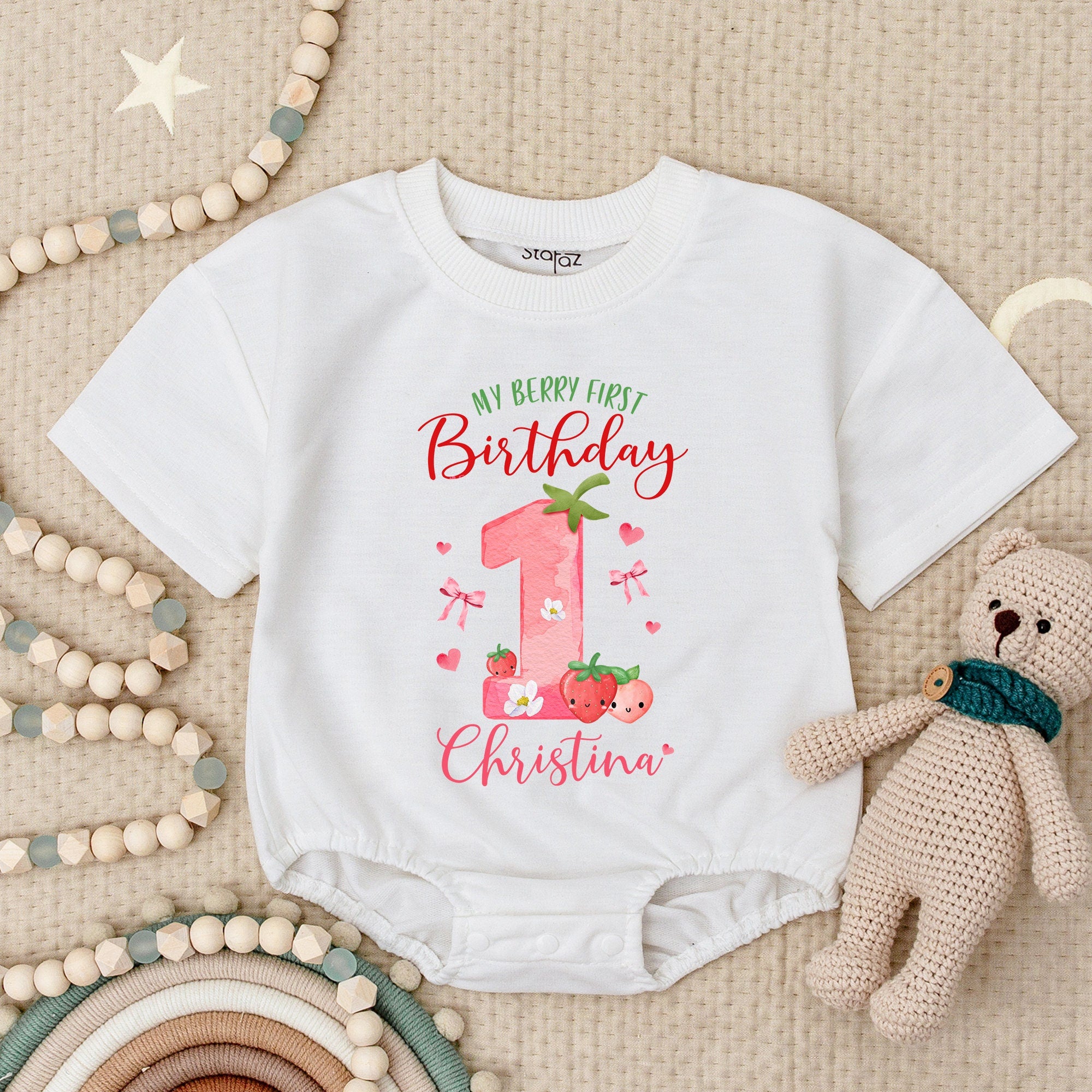 Personalized Berry First Birthday Romper for Baby Girl 1st Celebration Outfit with Pink Strawberry Floral Design Custom Name