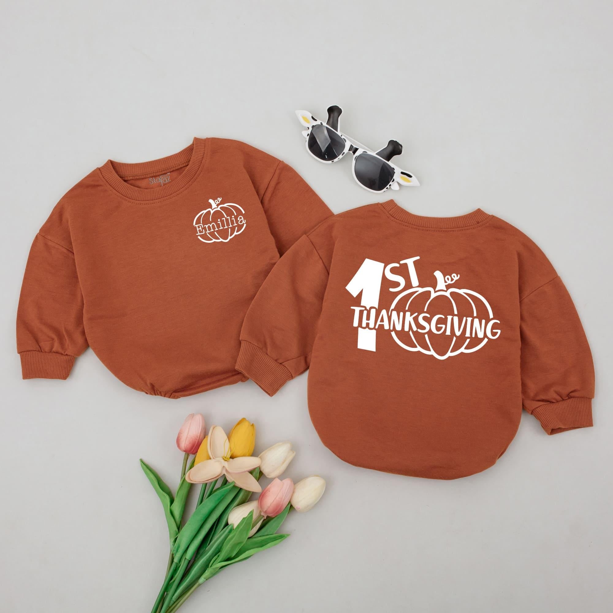 Personalized Baby's 1st Thanksgiving Romper Pumpkin Design Soft Cotton Newborn Outfit Perfect Holiday Gift Warm Earthy Tones